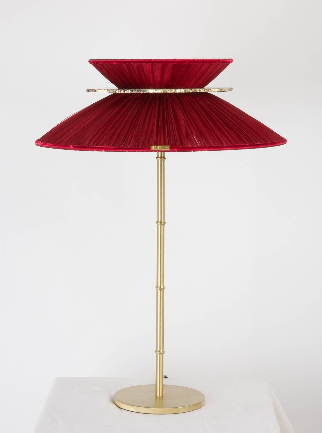 Art Glass Daisy Table Lamp in Brass, Red Silk and Silvered necklace Glass Handmade
