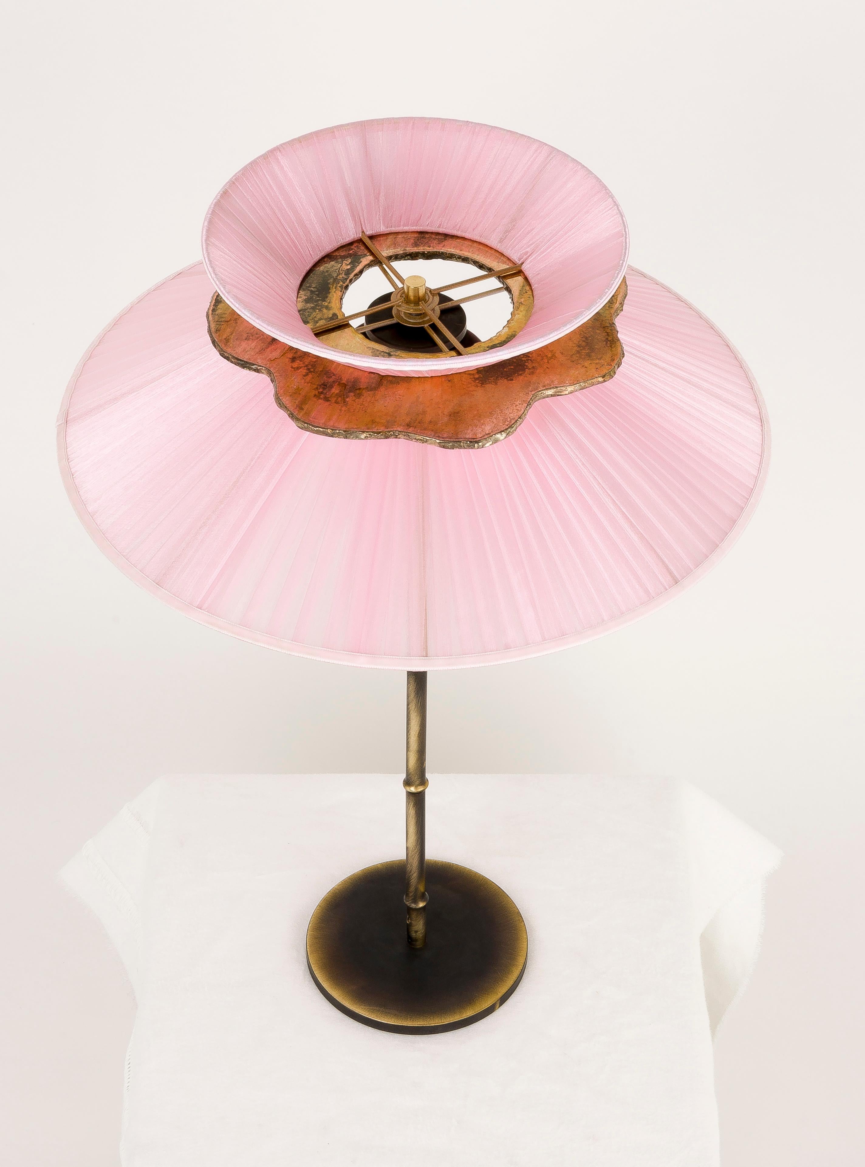 Daisy Table Lamp in Dark Brass Rose Silk Silvered Glass Necklace, Glass Handmade 5