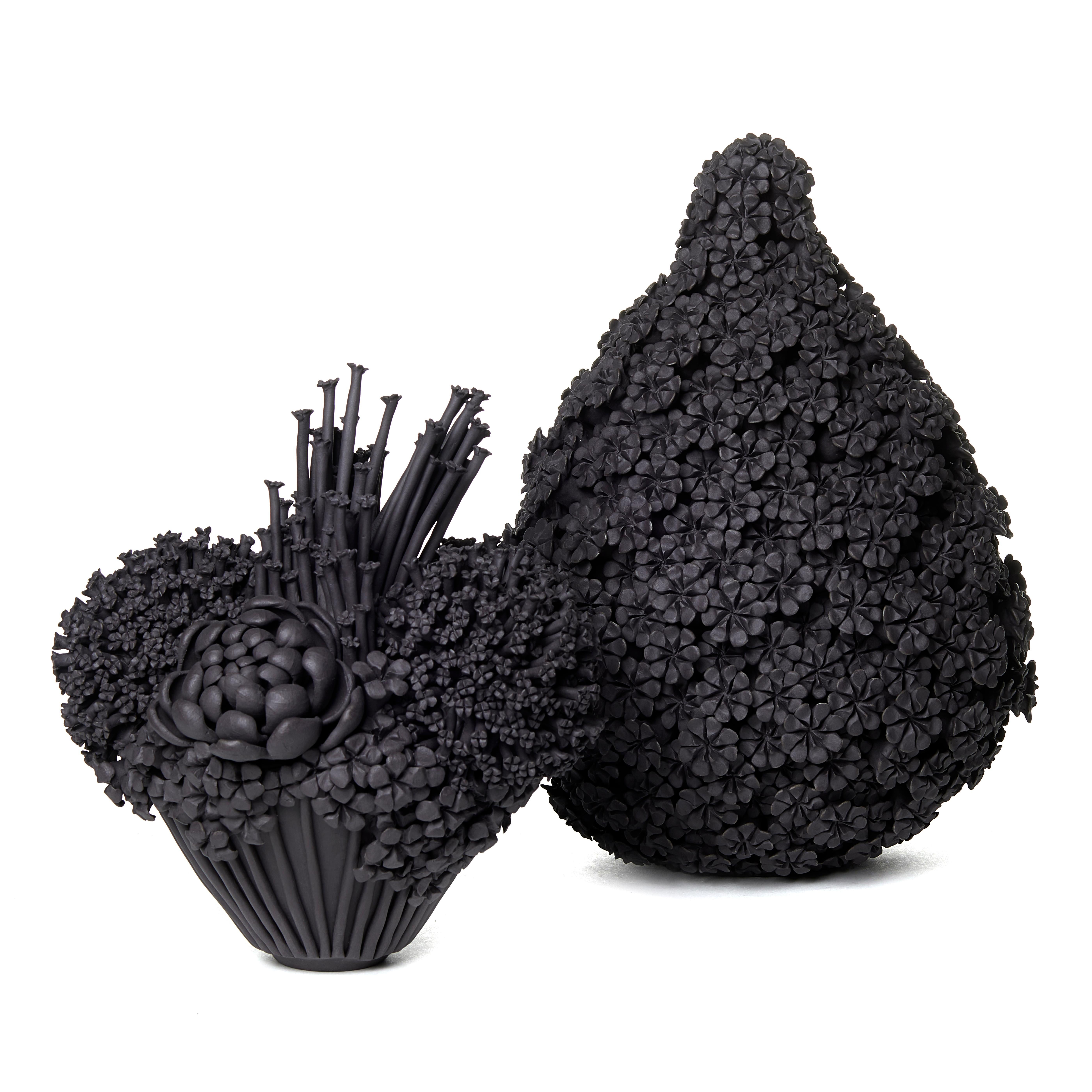 Hand-Crafted Daisy Teardrop, a Floral Black Stoneware Ceramic Sculpture by Vanessa Hogge