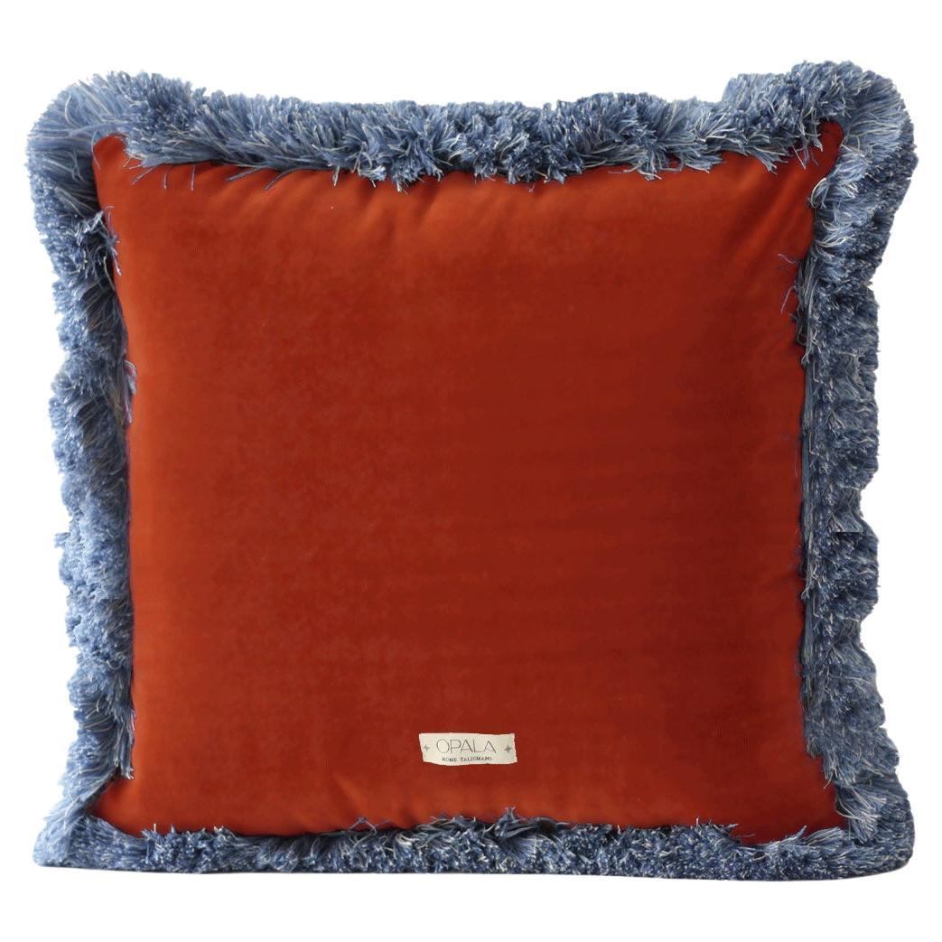 Coussin décoratif Daisy Terracota Velvet Deluxe fait main avec frange bleue