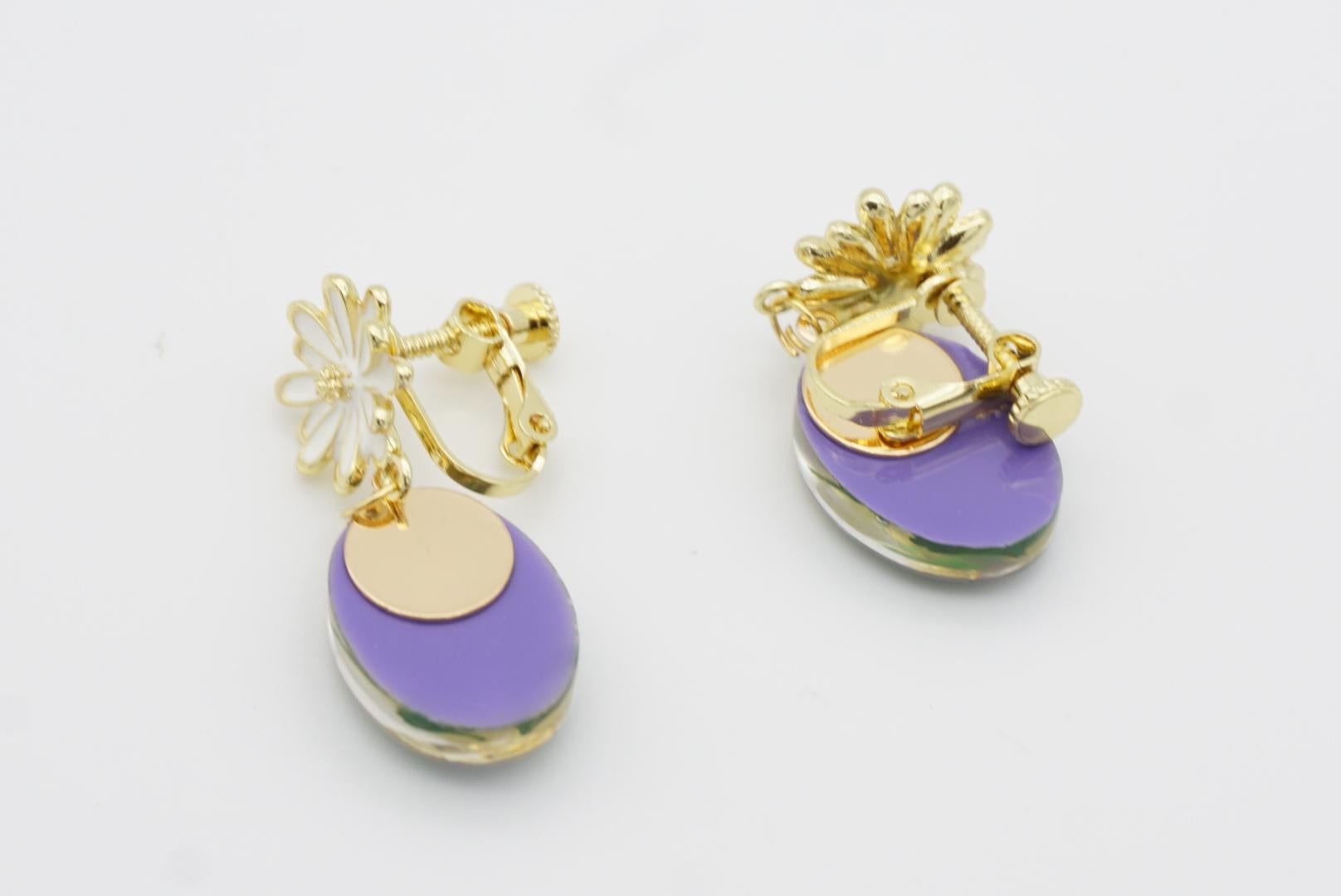 Daisy White Flower Amber Oil Painting Green Leaf Oval Retro Drop Clip Earrings en vente 5