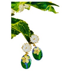 Daisy White Flower Amber Oil Painting Green Leaf Oval Retro Drop Clip Earrings