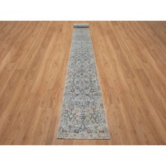 Daisy White Sickle Leaf Design Silk & Wool Hand Knotted Runner Rug 2'7" x 25'9"
