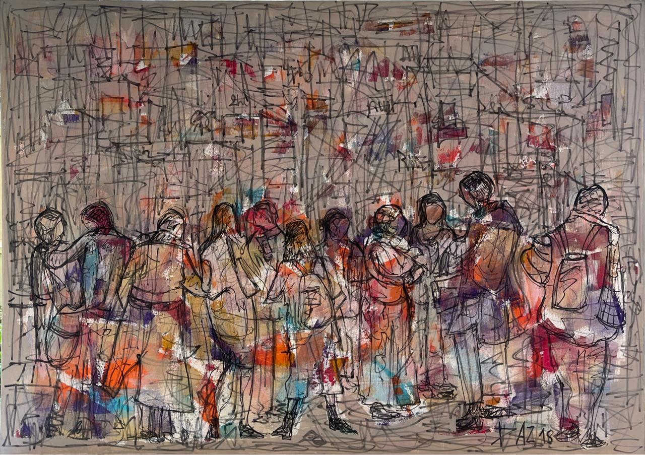 Daizy Abi Jaber Figurative Painting – Klatsch und Tratsch