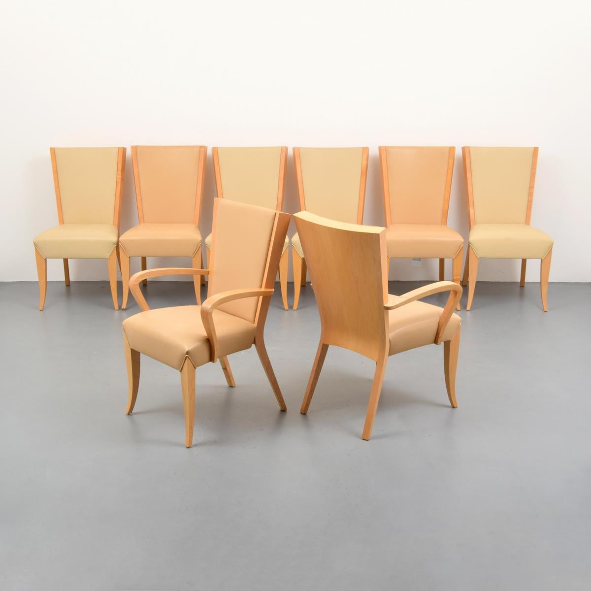 Set includes two armchairs and six side chairs. 

Markings: Dakota Jackson label

Dimensions (H, W, D): armchairs: 38