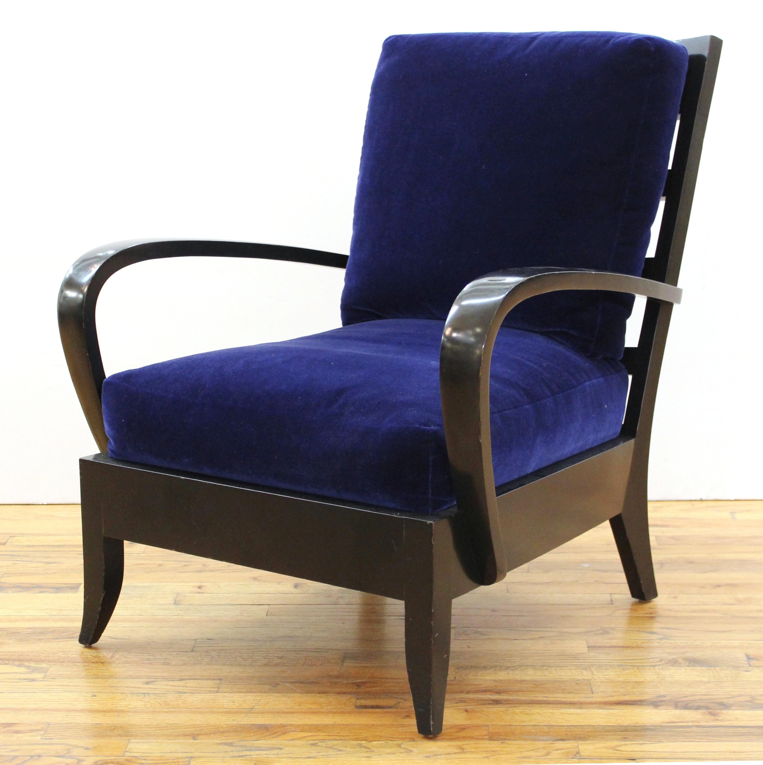 Dakota Jackson for Holly Hunt pair of modern 'Ceylon' lounge chairs with steam-bent arm rests and ladder backs and dark blue mohair upholstery. Age-appropriate wear to the wood.