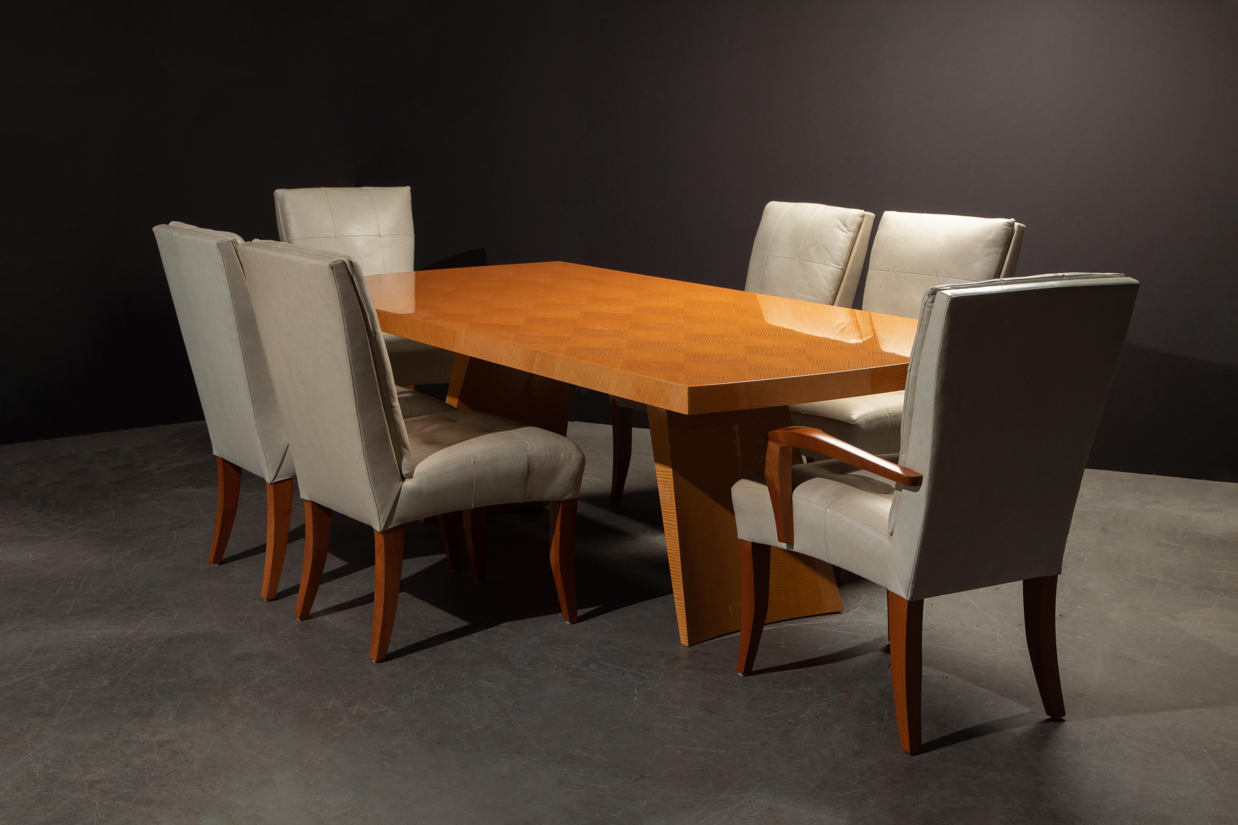 Post-Modern Dakota Jackson 'Wonder' Exotic Wood Dining Table with Six 'Puff' Chairs, Signed For Sale