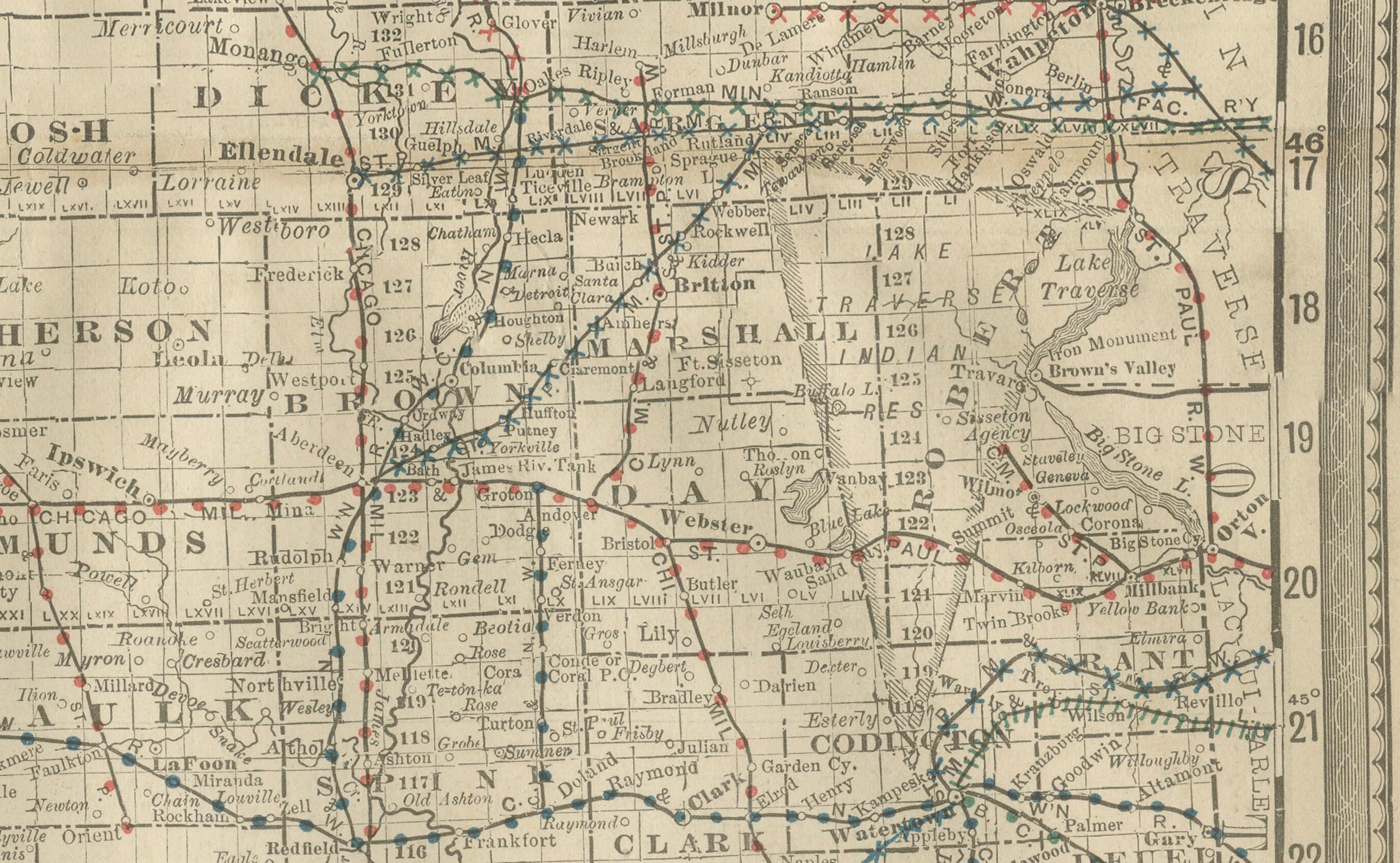 Antique Map of Dakota Territory – Rand McNally Railroad Map, 1888

This detailed 1888 map of Dakota by Rand, McNally & Co. captures the region in the final year before its division into the states of North Dakota and South Dakota in 1889. At the