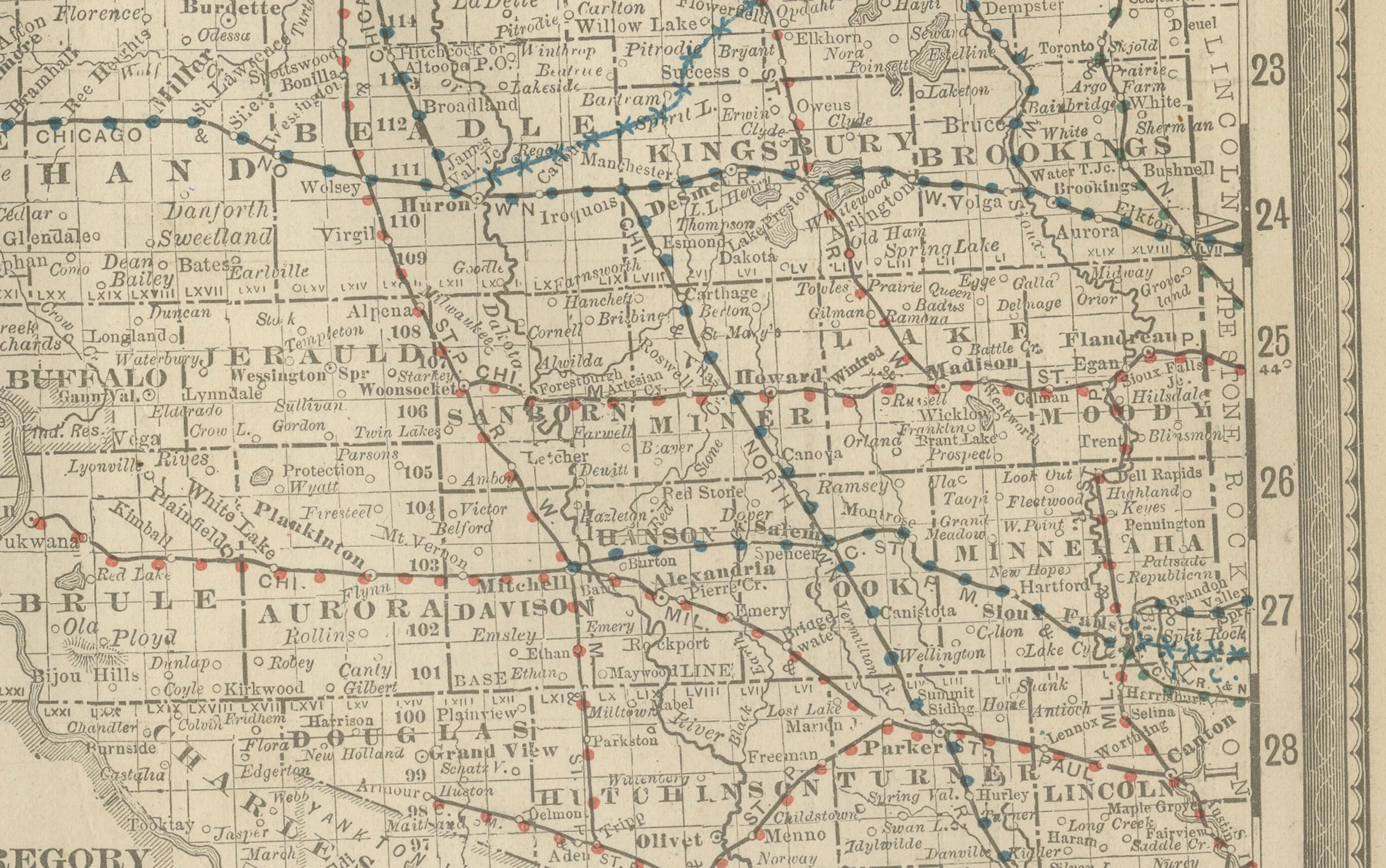 American Dakota Territory Railroad Map 1888 – Rand McNally Antique Lithograph For Sale