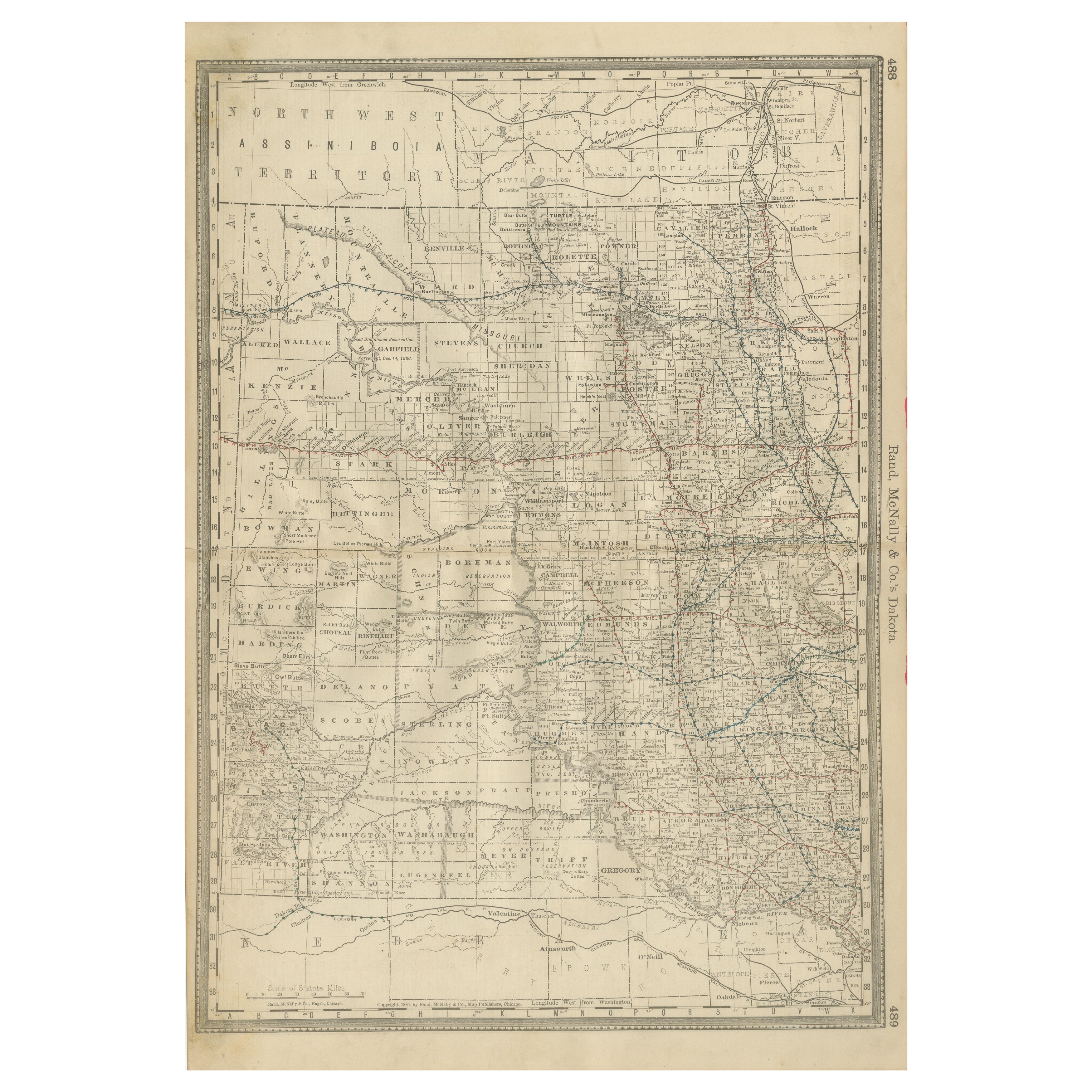 Mappa della ferrovia del Territorio del Dakota 1888 - Rand McNally - Litografia antica
