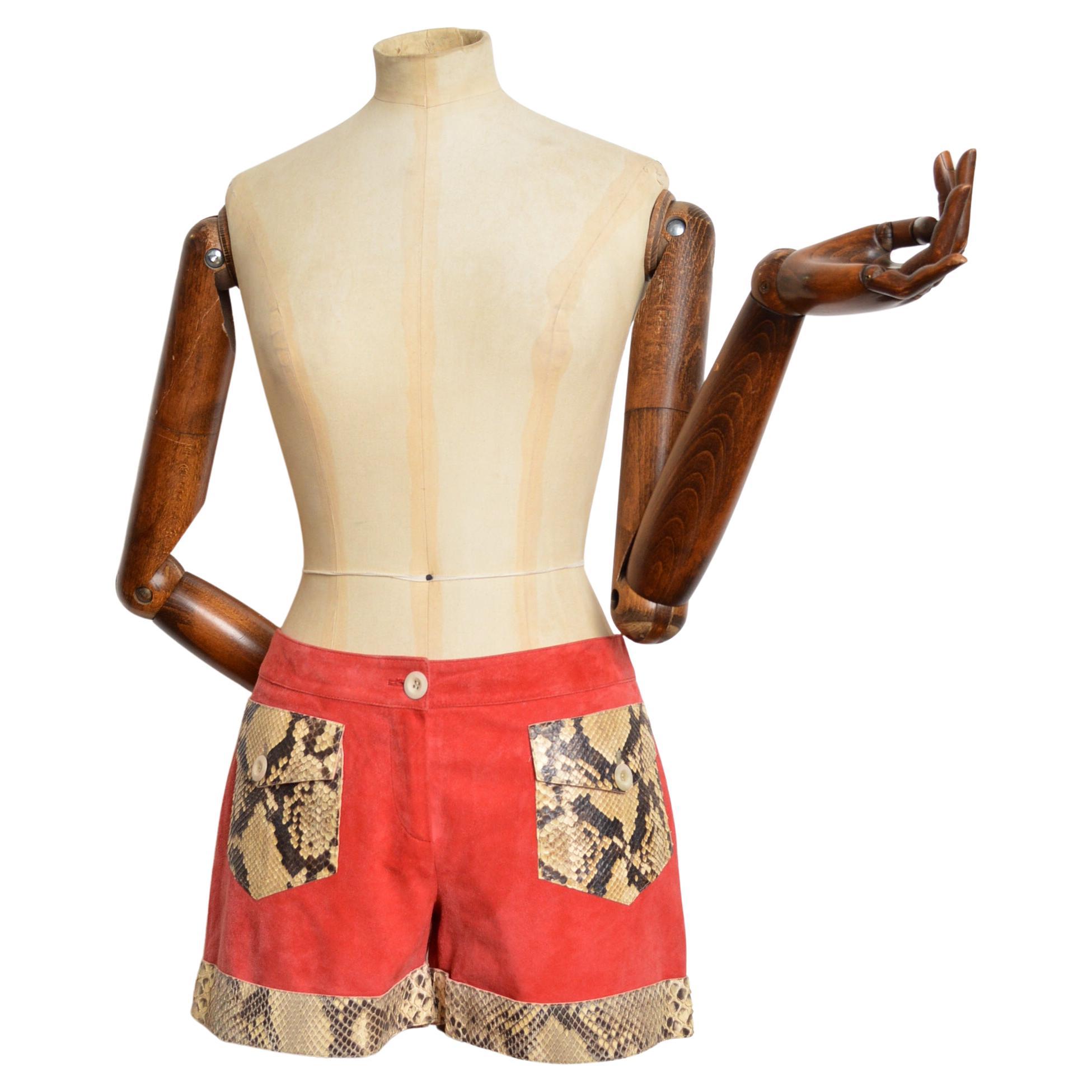 DAKS 2000’s Red Lamb Skin Suede 
Python Leather Tailored 70
s Style Shorts For Sale