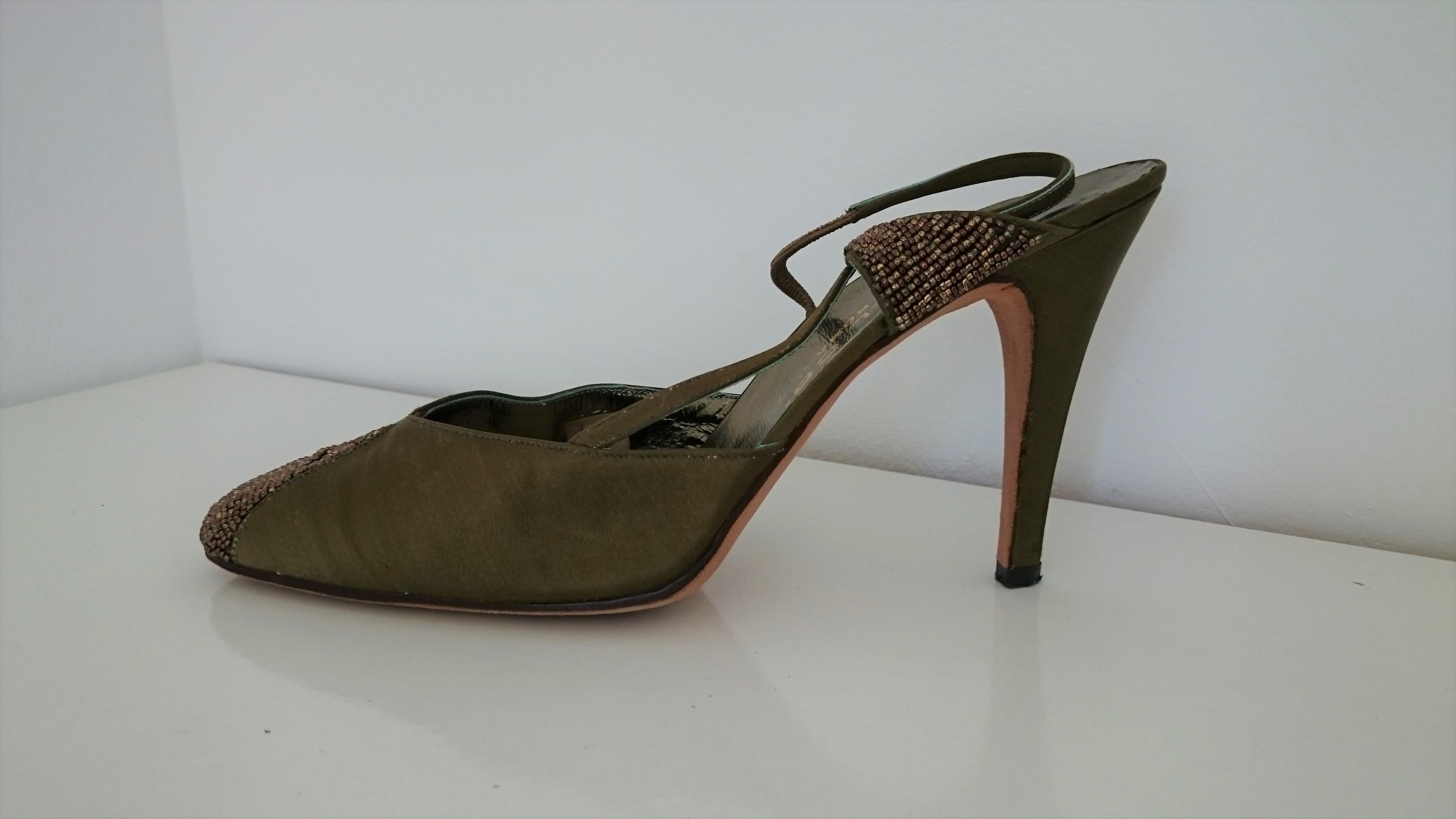 Black Dal Co' x Valentino Green/Light-Brown Silk and Brillants Heels. Size 8 (US) For Sale