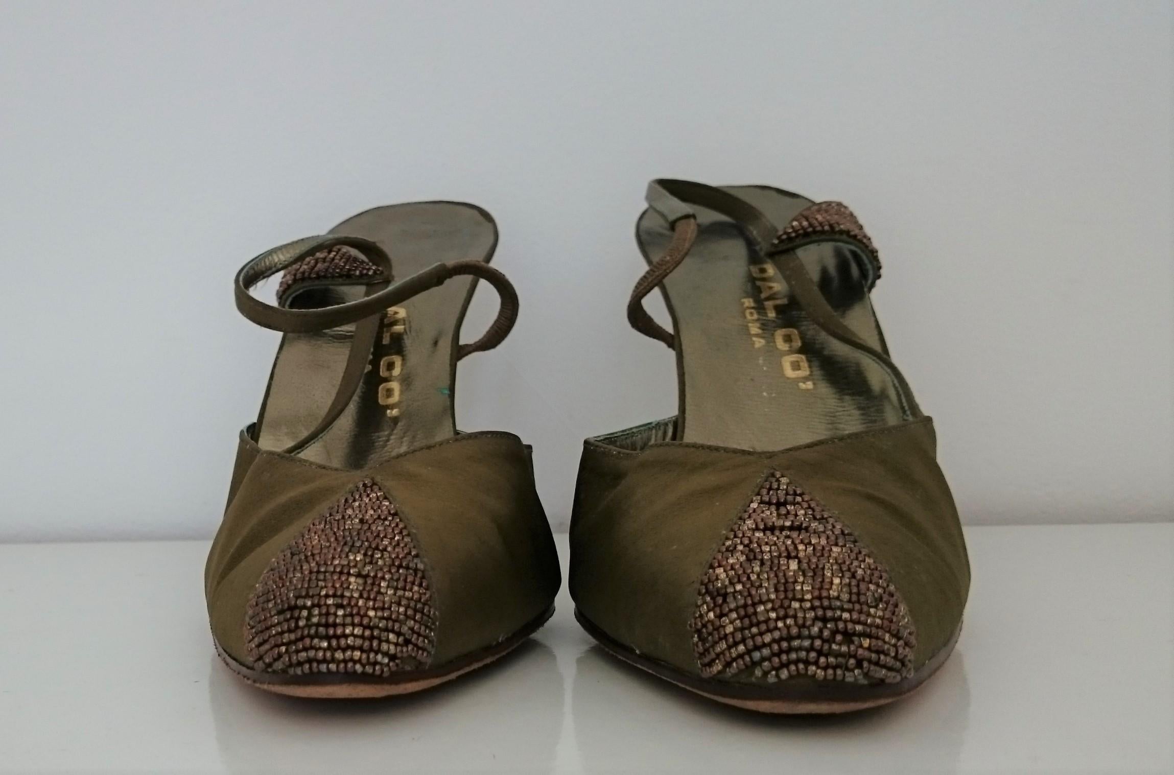 Dal Co' x Valentino Green/Light-Brown Silk and Brillants Heels. Size 8 (US) In Excellent Condition For Sale In Somo (Santander), ES