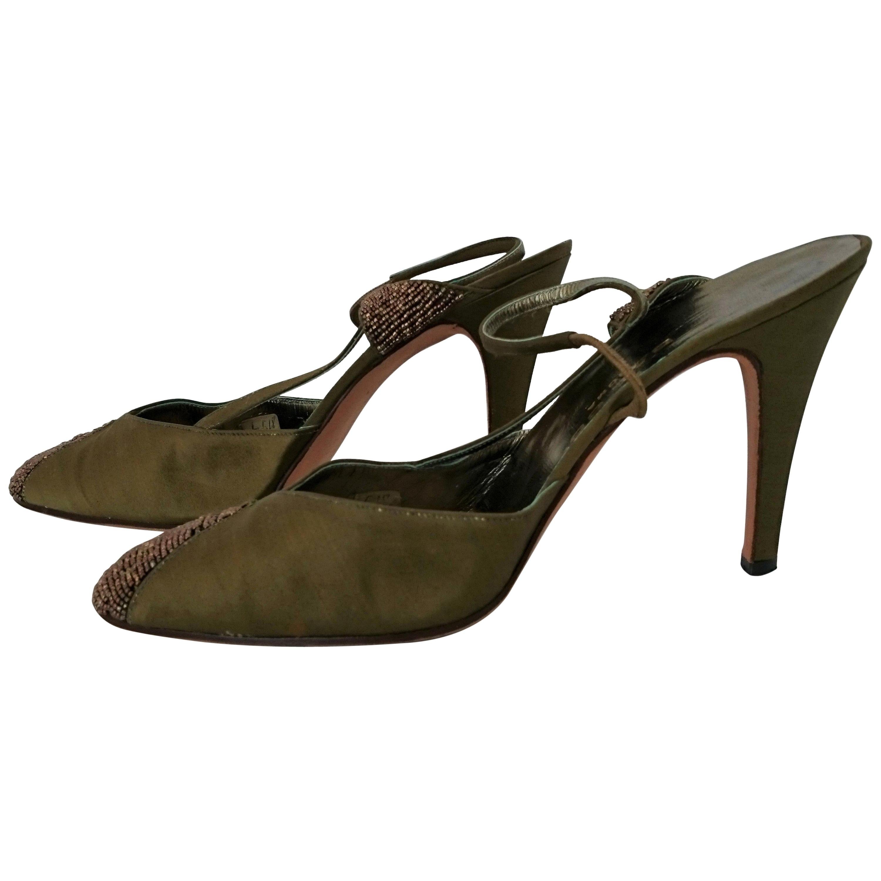 Dal Co' x Valentino Green/Light-Brown Silk and Brillants Heels. Size 8 (US) For Sale