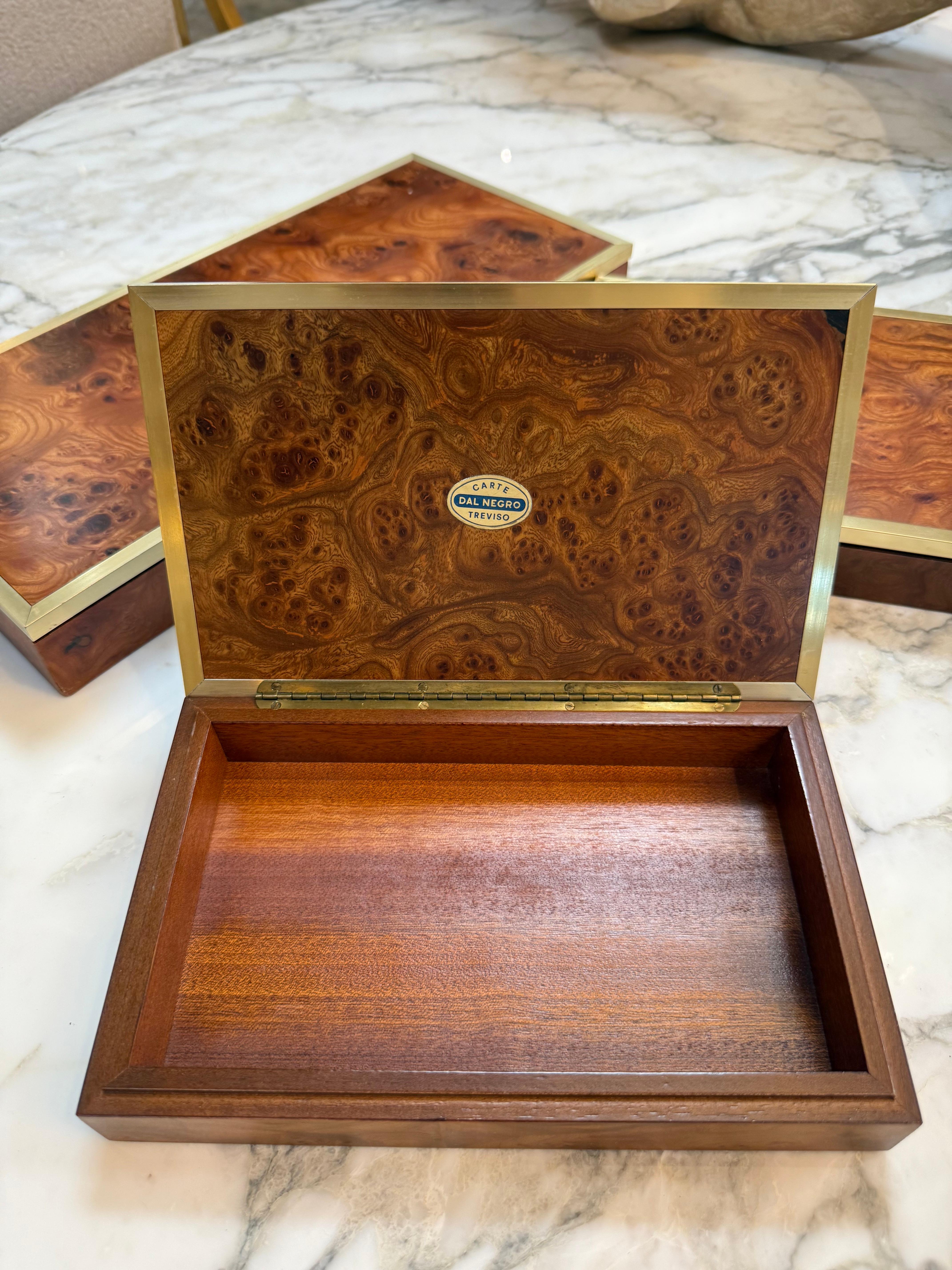 Mid-20th Century Dal Negro Treviso Burl Wood and Brass Playing Card Boxes – Set of Three For Sale