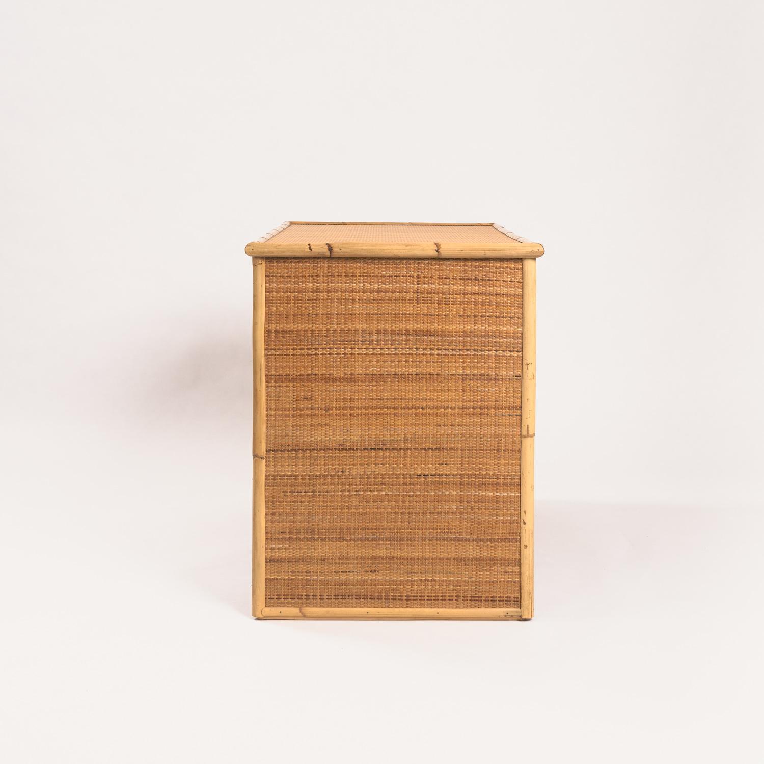 Mid-Century Modern Dal Vera bamboo rattan desk with brass hinges, French Riviera style, Italy, 1970 For Sale