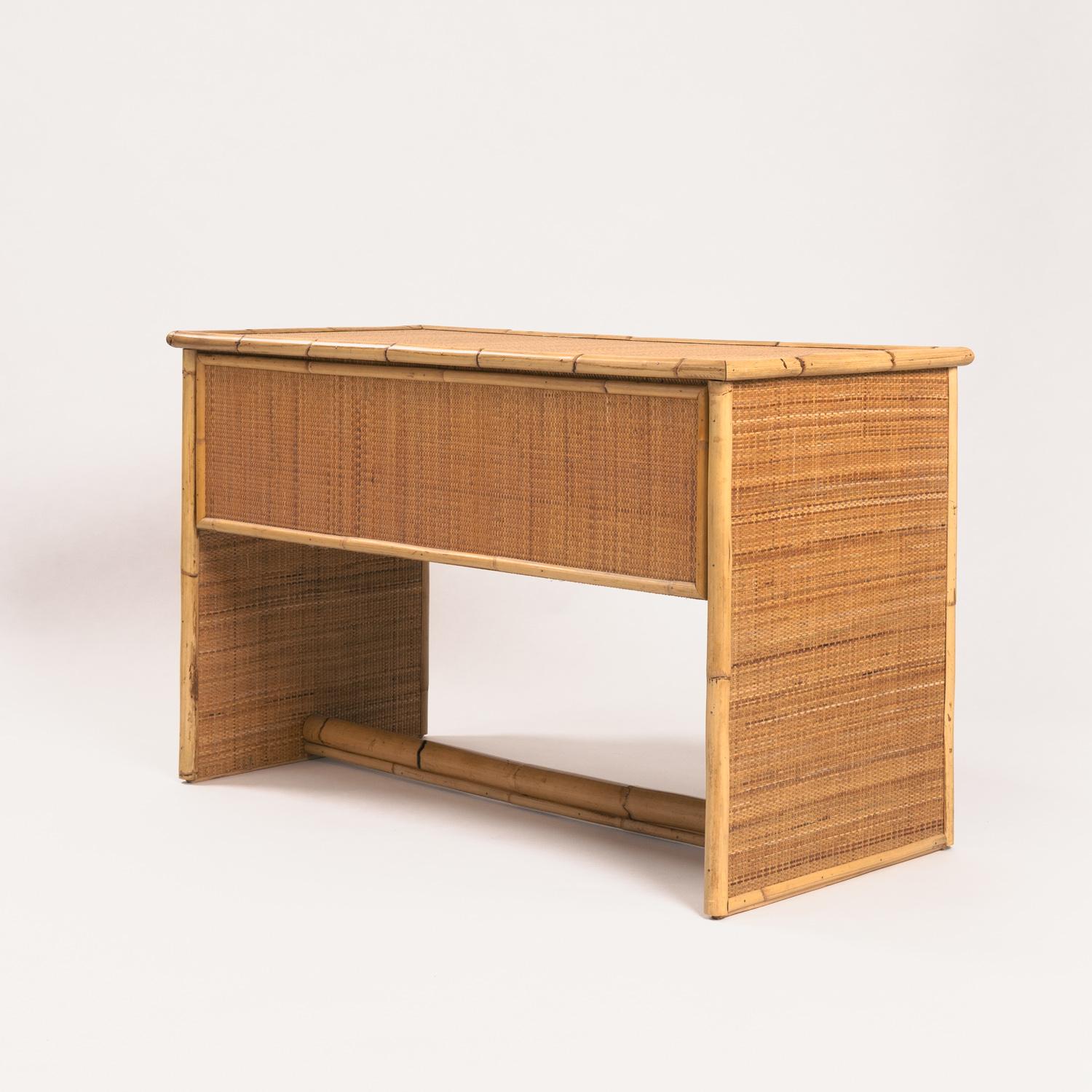 Italian Dal Vera bamboo rattan desk with brass hinges, French Riviera style, Italy, 1970 For Sale