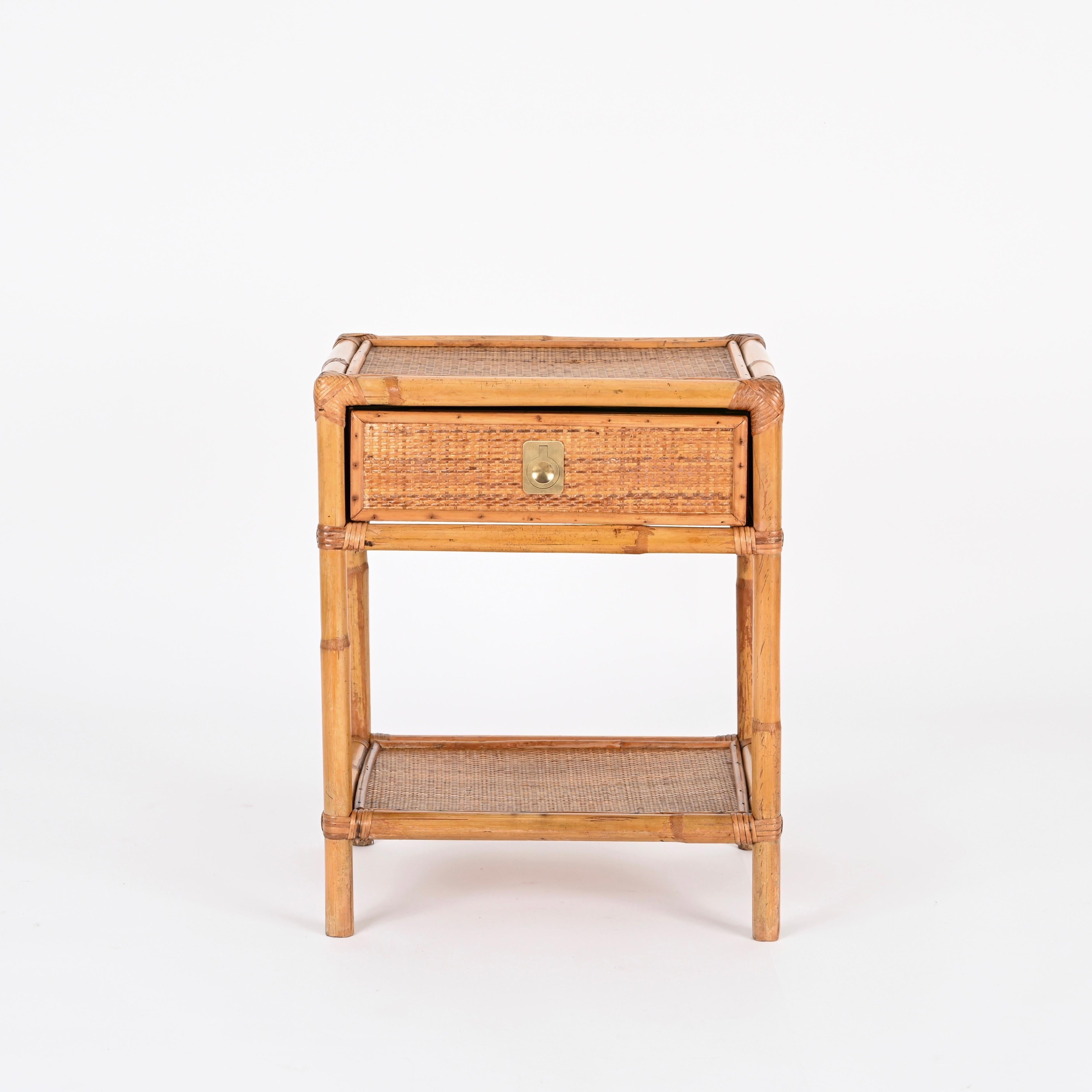 Mid-Century Modern Dal Vera French Riviera Nightstand in Bamboo, Rattan and Brass, Italy 1960s For Sale
