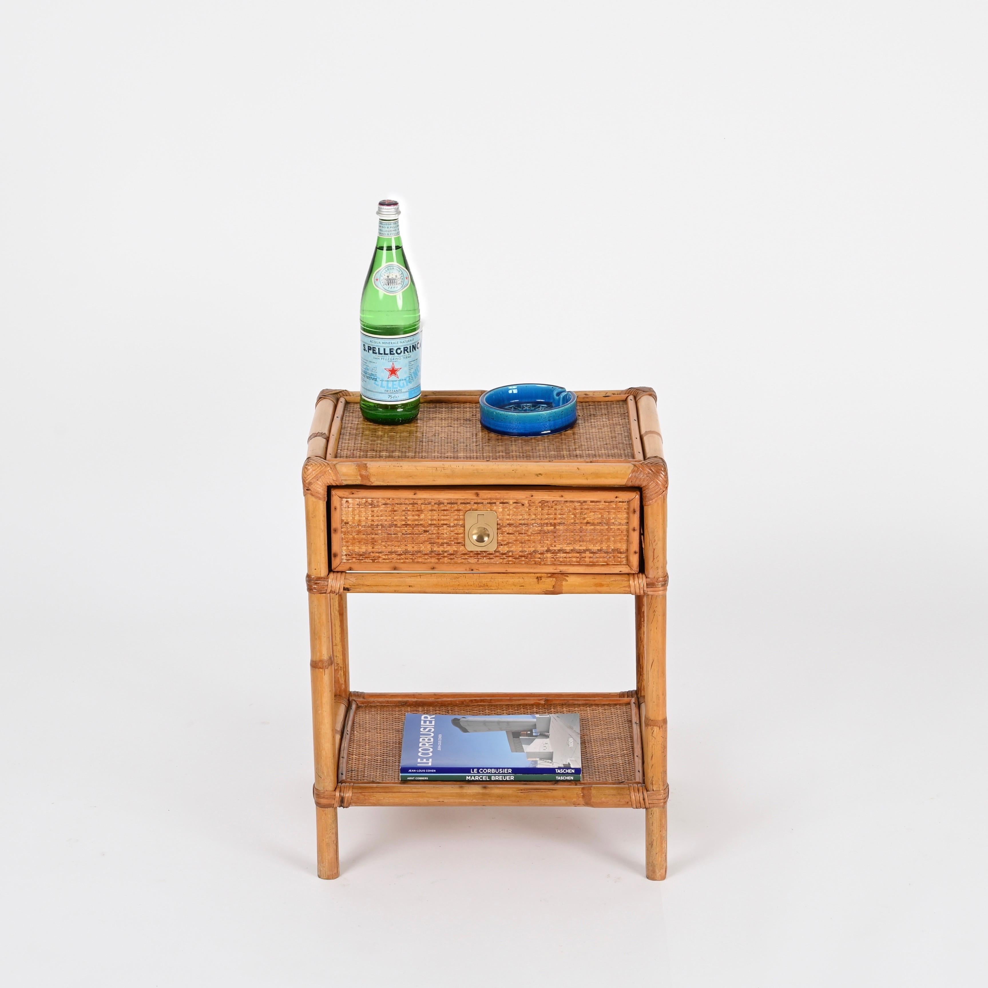 Italian Dal Vera French Riviera Nightstand in Bamboo, Rattan and Brass, Italy 1960s For Sale