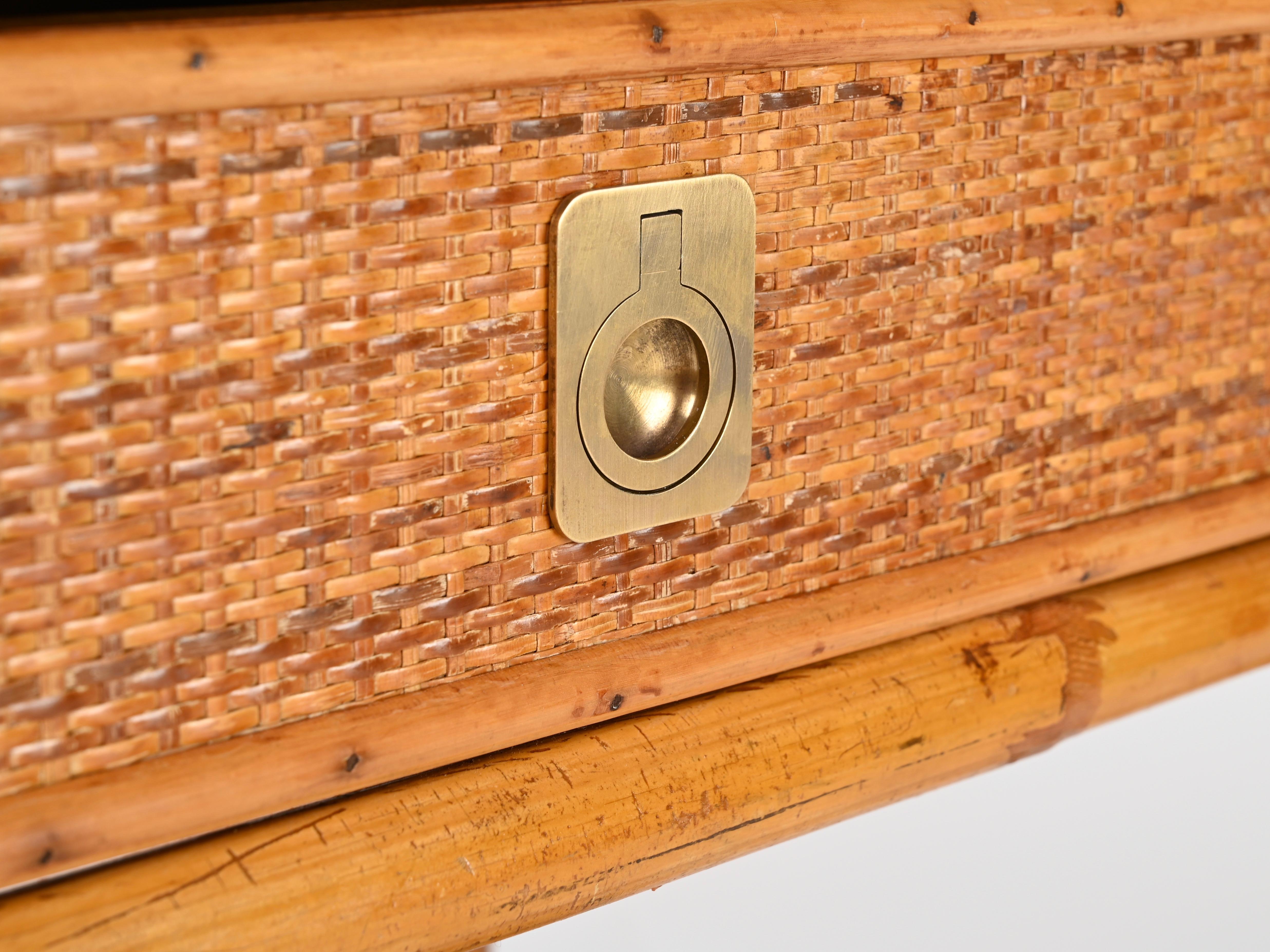 Hand-Crafted Dal Vera French Riviera Nightstand in Bamboo, Rattan and Brass, Italy 1960s For Sale