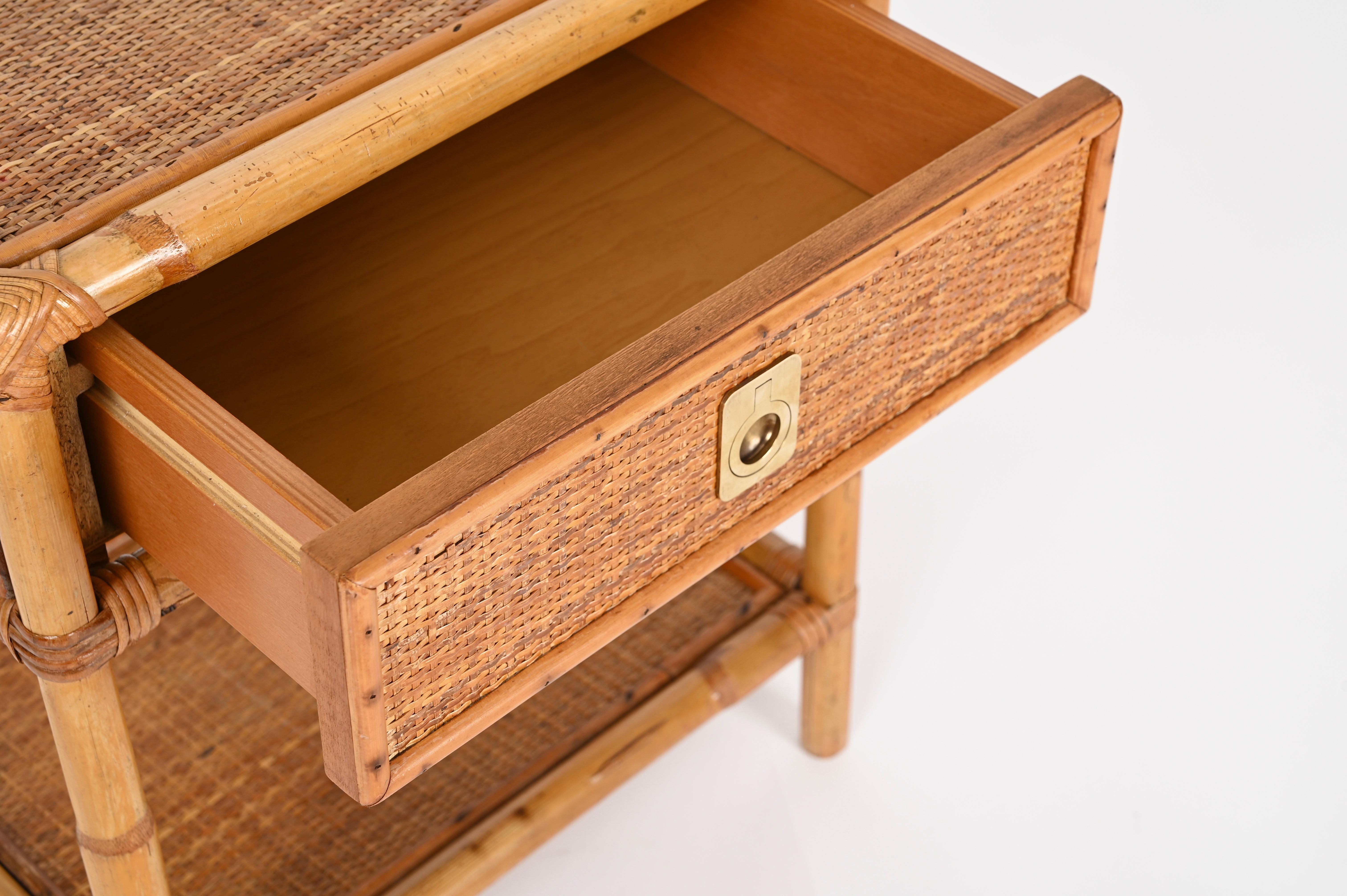 20th Century Dal Vera French Riviera Nightstand in Bamboo, Rattan and Brass, Italy 1960s For Sale