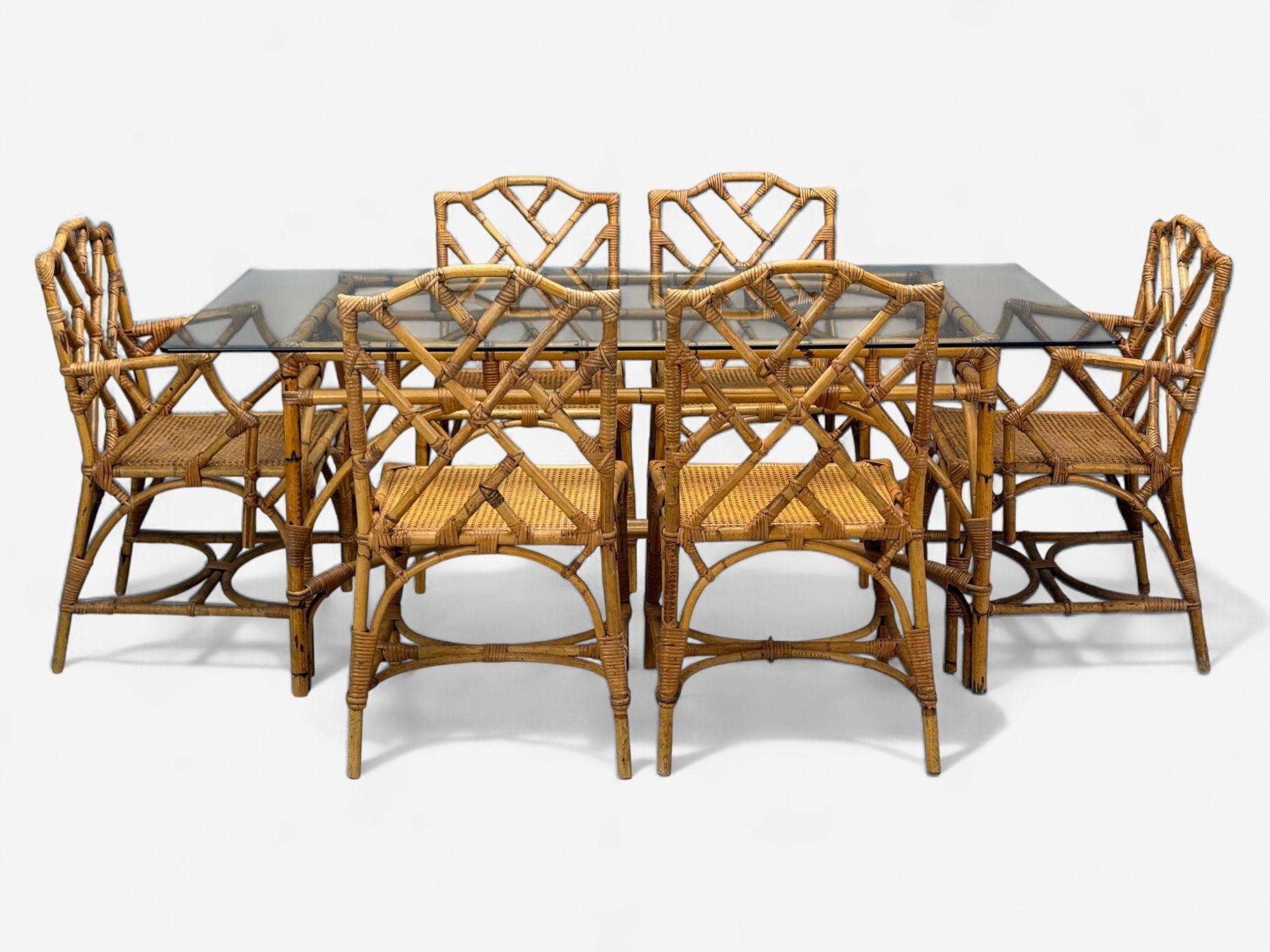 Dal Vera, table de salle à manger moderne italienne, en bambou, canne, verre, Italie, années 1950 en vente 8