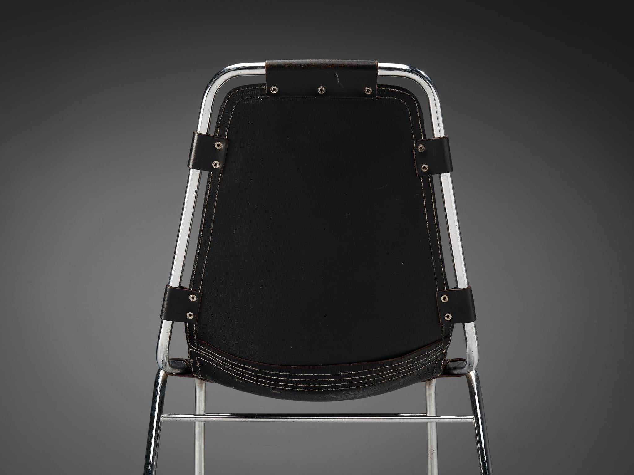Mid-Century Modern Dal Vera 'Les Arcs' Chairs in Black Leather and Chromed Metal For Sale