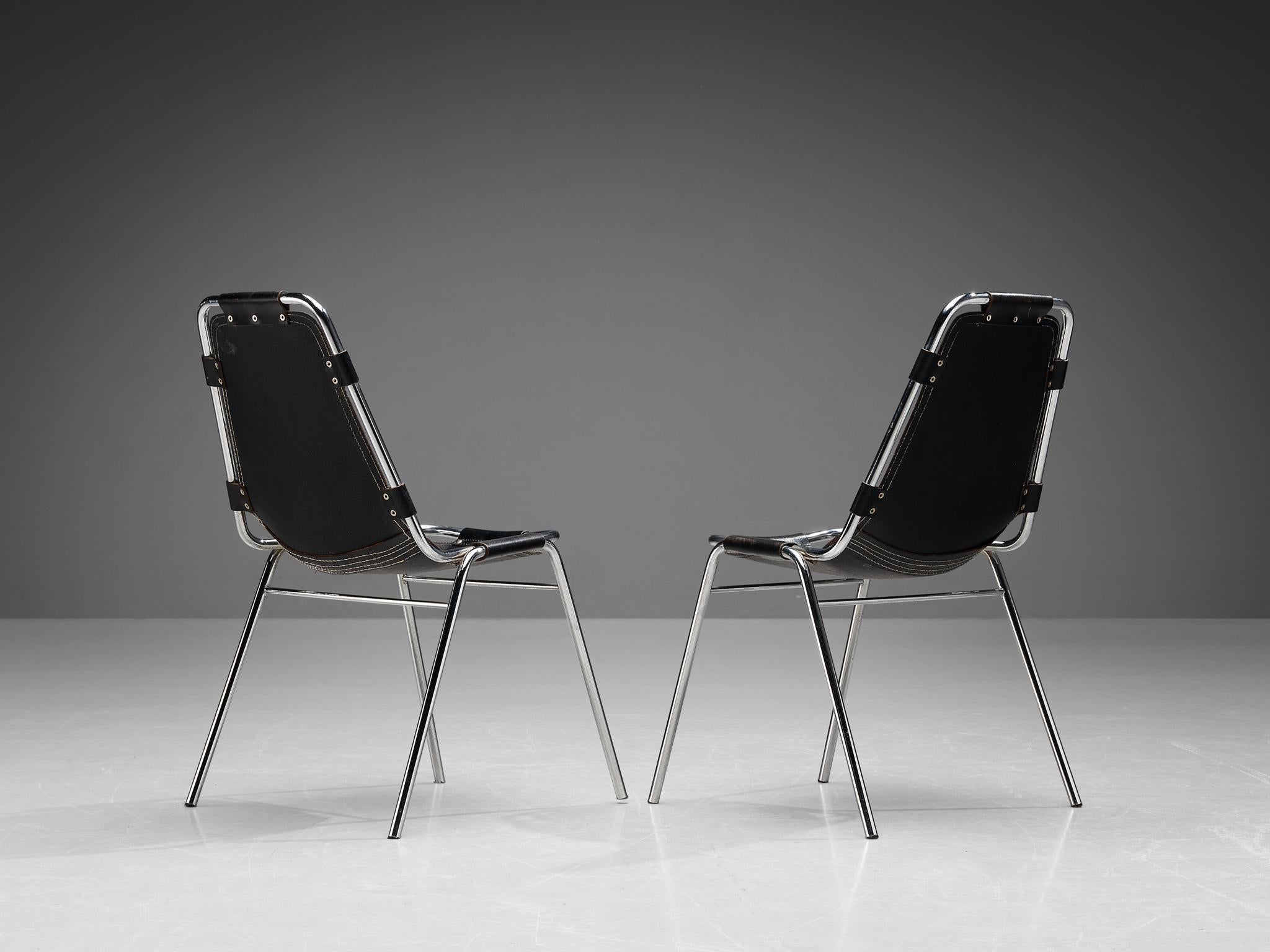 Dal Vera 'Les Arcs' Chairs in Black Leather and Chromed Metal In Good Condition For Sale In Waalwijk, NL