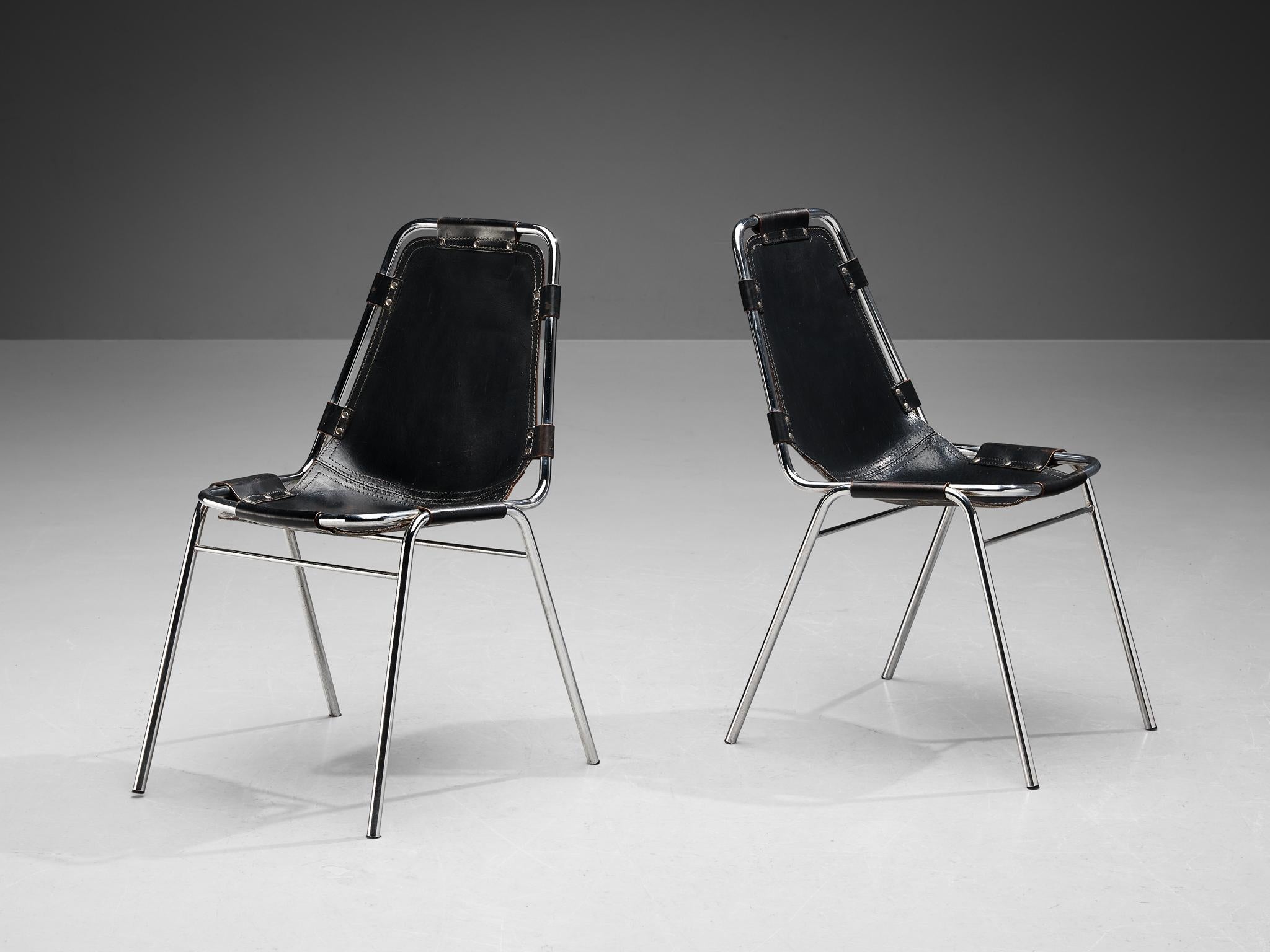 Dal Vera 'Les Arcs' Chairs in Black Leather and Chromed Metal For Sale 1