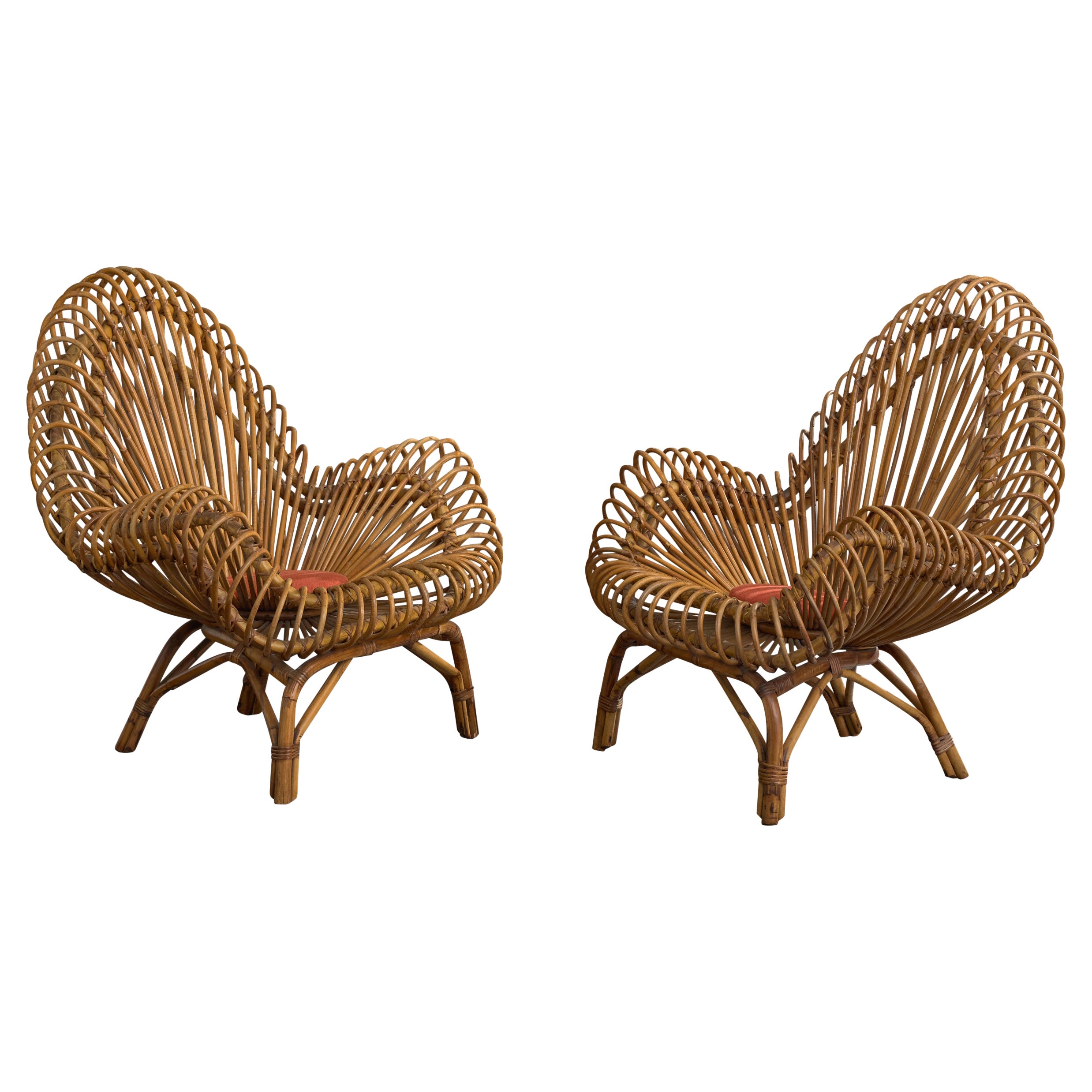 Dal Vera, Lounge Chairs, Bamboo, Rattan, Fabric, Italy, 1960s