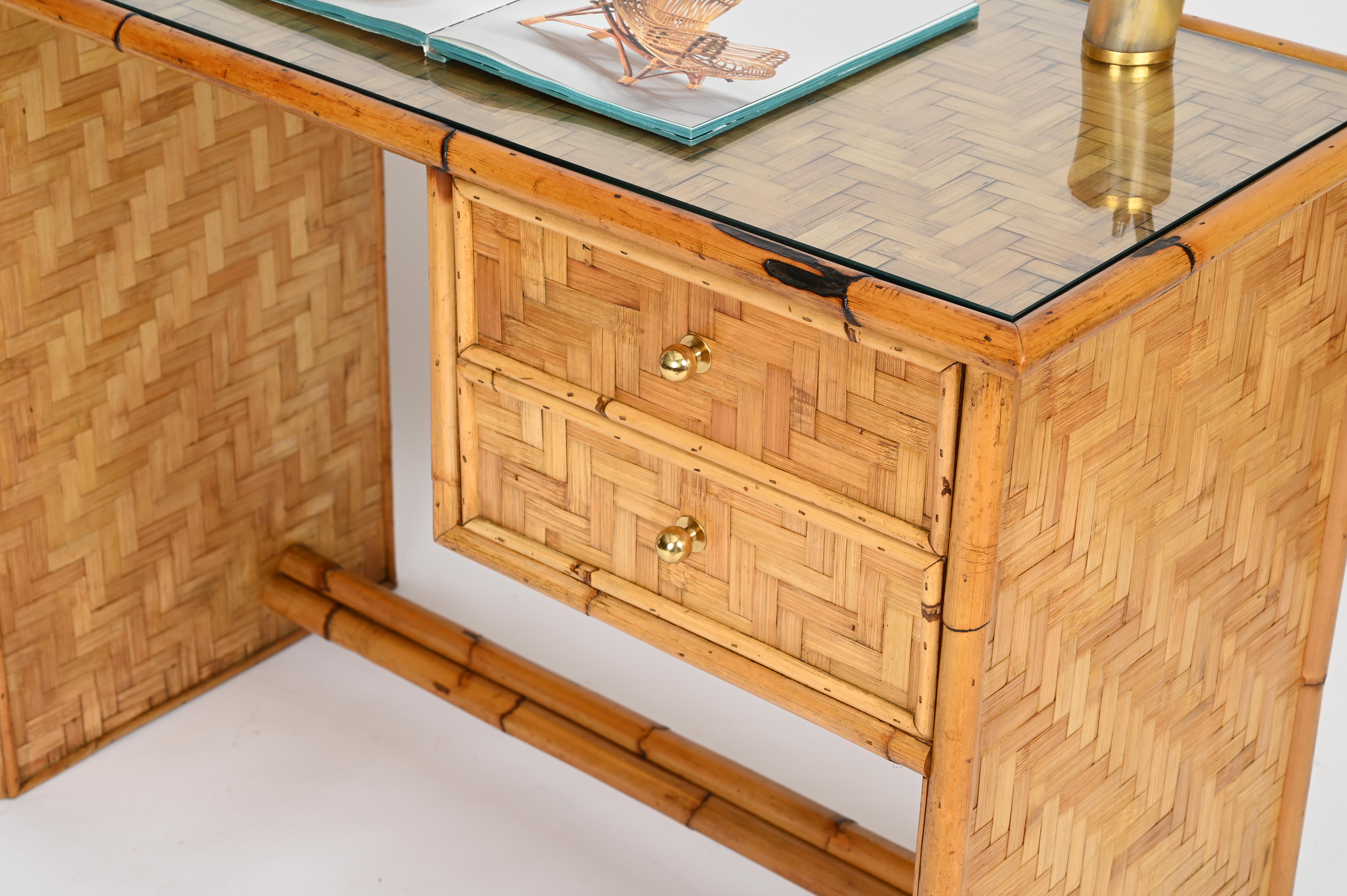 Dal Vera Mid-Century Desk with Drawers in Bamboo, Brass with Glass, Italy 1970s For Sale 7