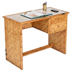 Dal Vera Mid-Century Desk with Drawers in Bamboo, Brass with Glass, Italy 1970s
