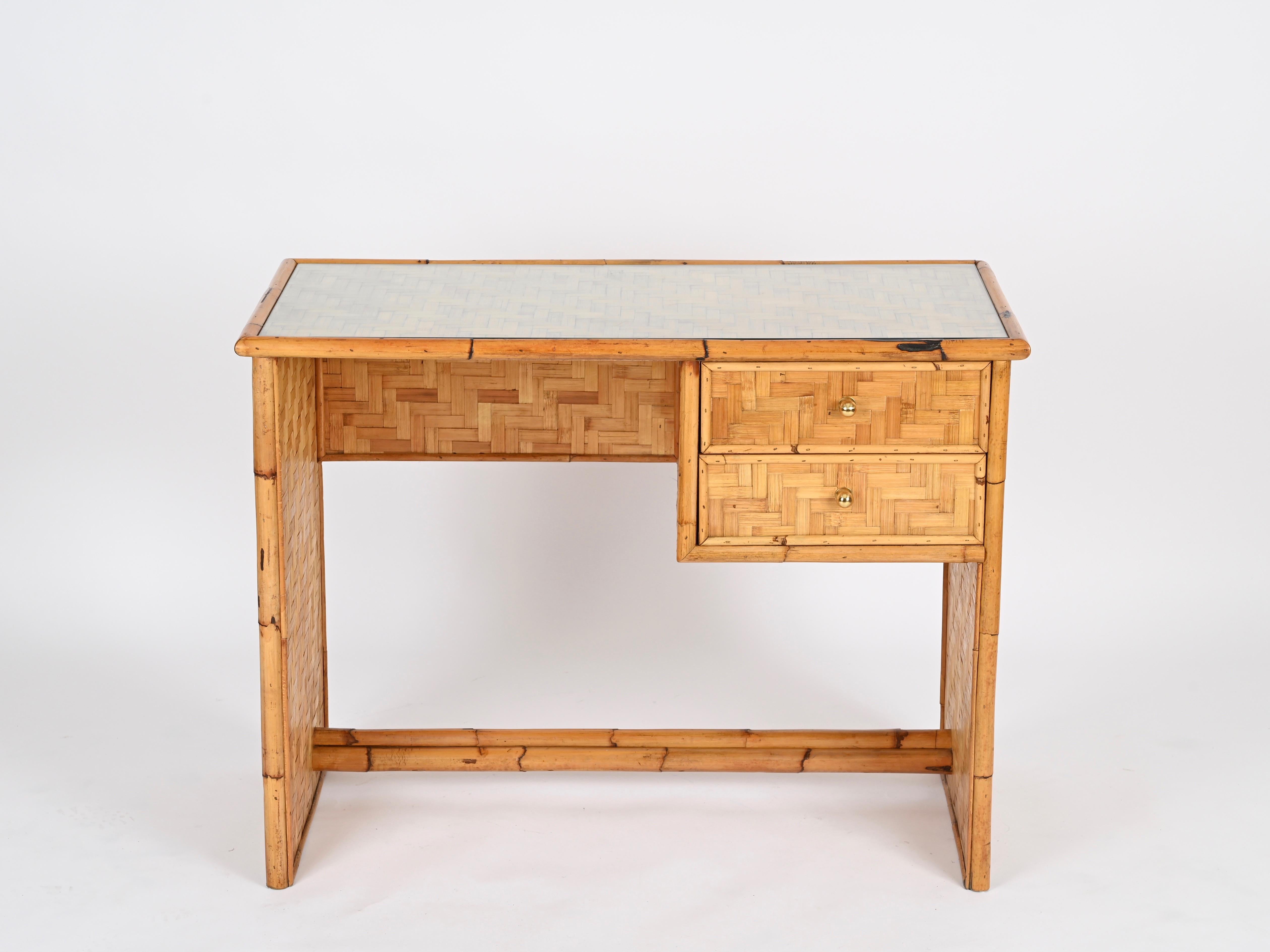Mid-Century Modern Dal Vera Mid-Century Desk with Drawers in Bamboo, Brass with Glass, Italy 1970s For Sale