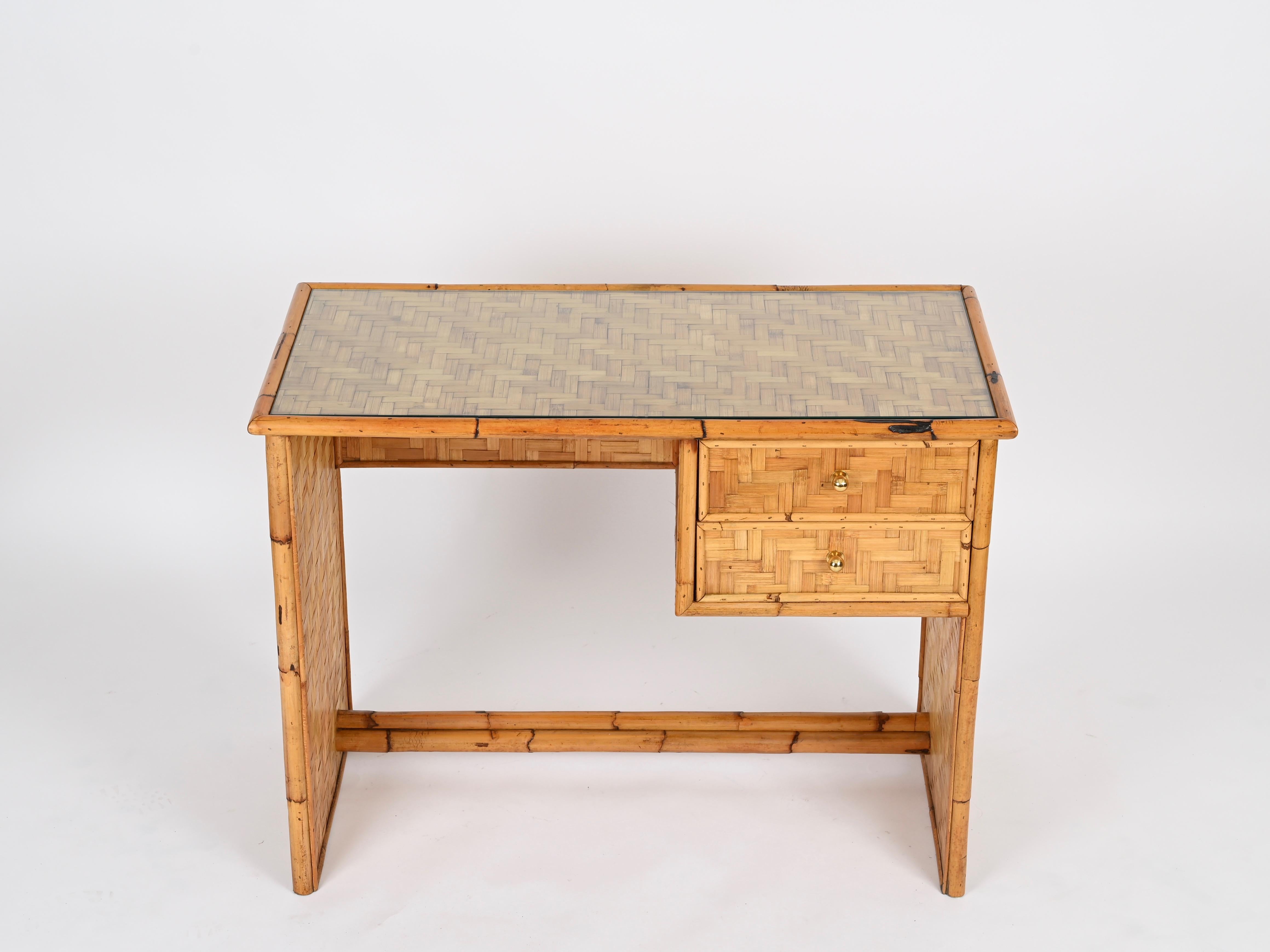 Italian Dal Vera Mid-Century Desk with Drawers in Bamboo, Brass with Glass, Italy 1970s For Sale