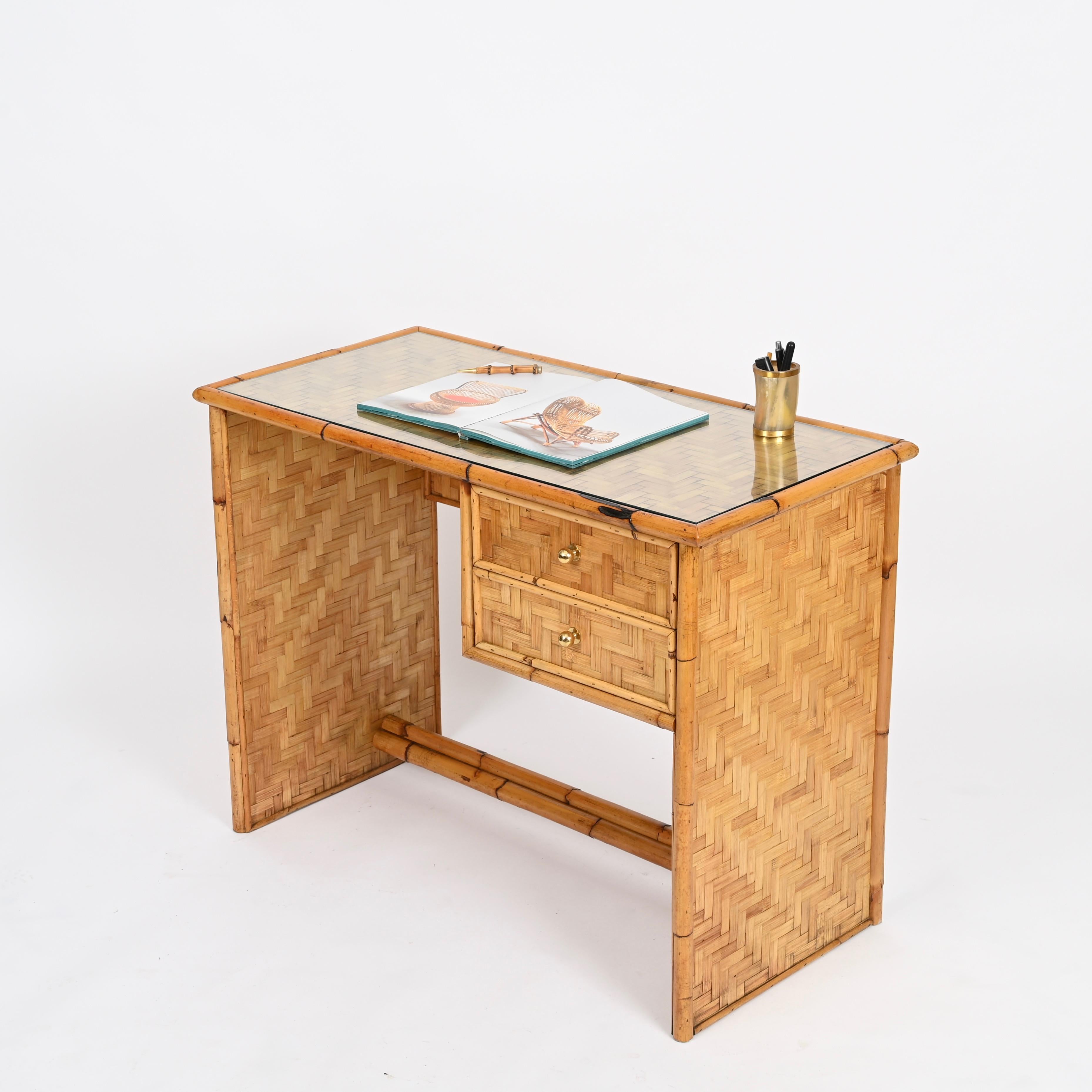 Hand-Crafted Dal Vera Mid-Century Desk with Drawers in Bamboo, Brass with Glass, Italy 1970s For Sale