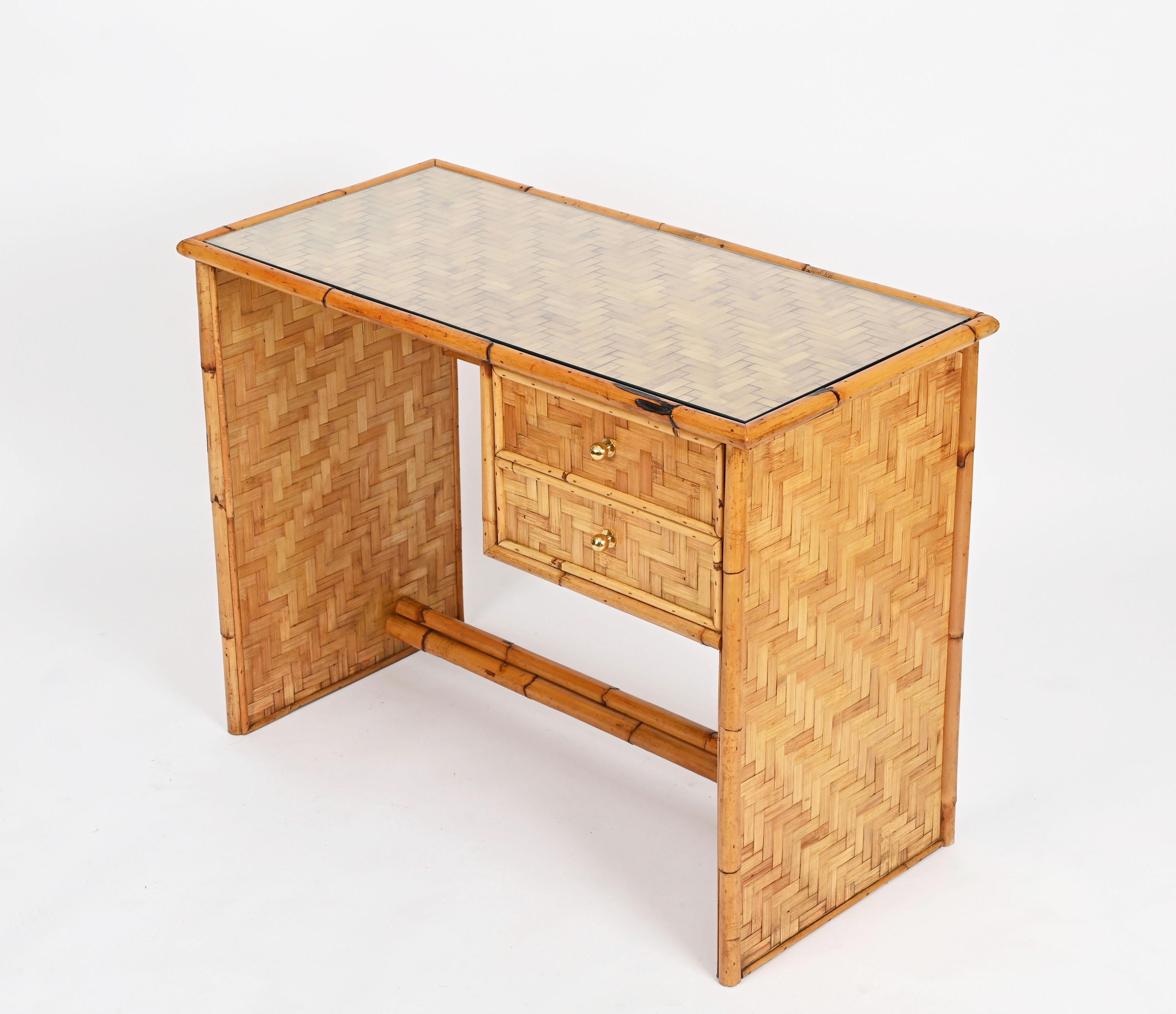 20th Century Dal Vera Mid-Century Desk with Drawers in Bamboo, Brass with Glass, Italy 1970s For Sale