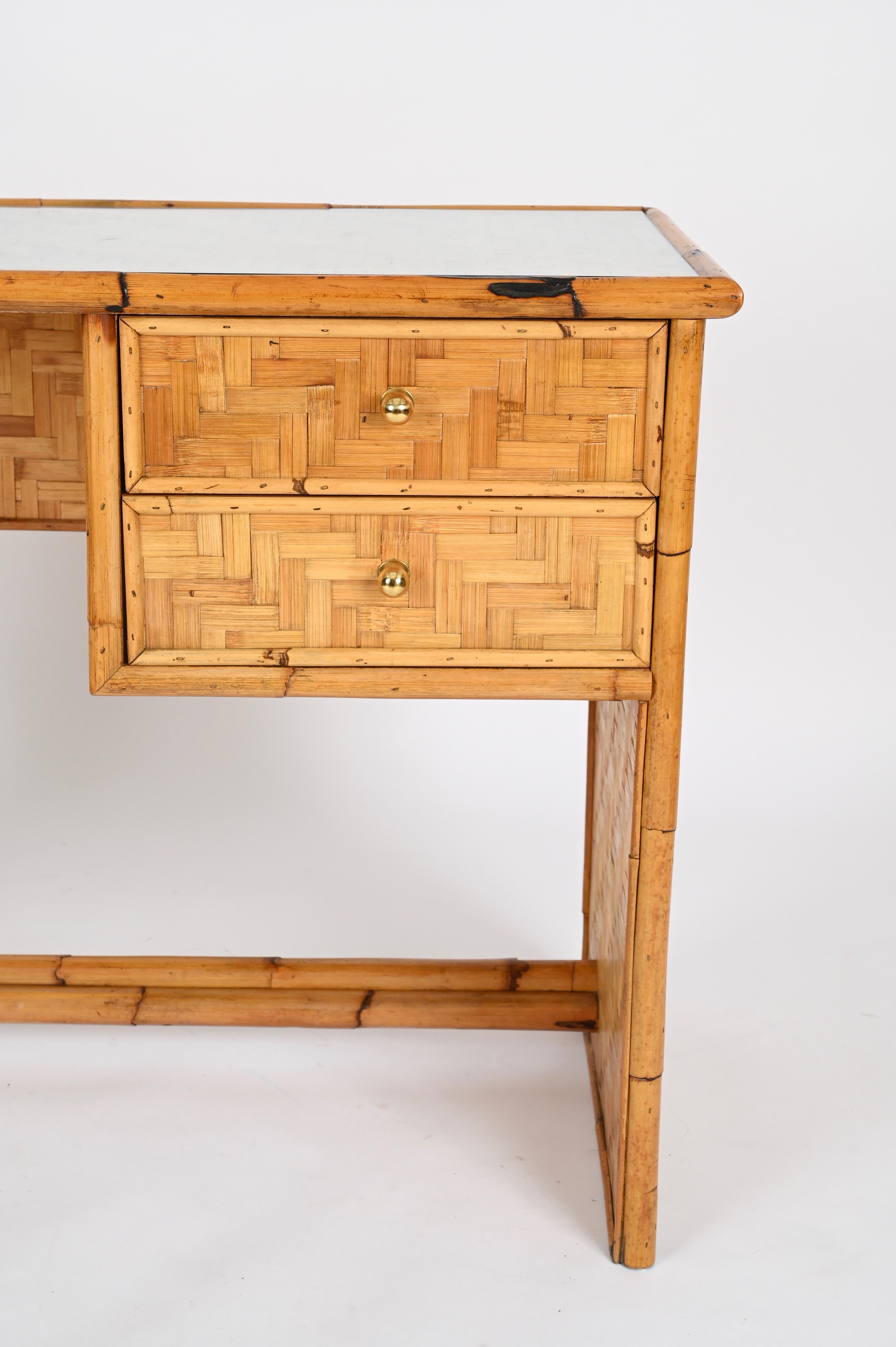 Dal Vera Mid-Century Desk with Drawers in Bamboo, Brass with Glass, Italy 1970s For Sale 1