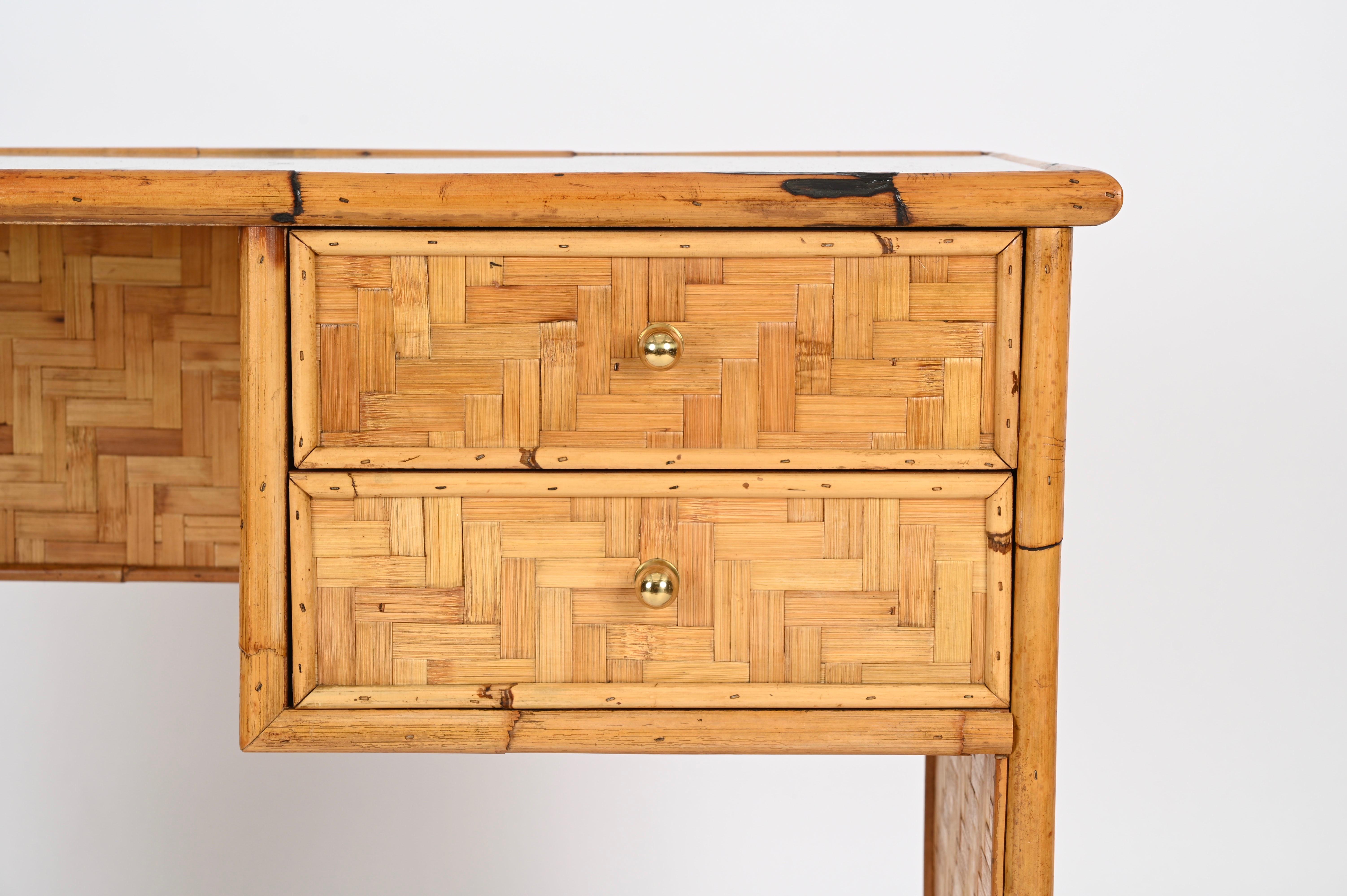 Dal Vera Mid-Century Desk with Drawers in Bamboo, Brass with Glass, Italy 1970s For Sale 2