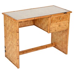 Dal Vera Mid-Century Desk with Drawers in Bamboo, Brass with Glass, Italy 1970s