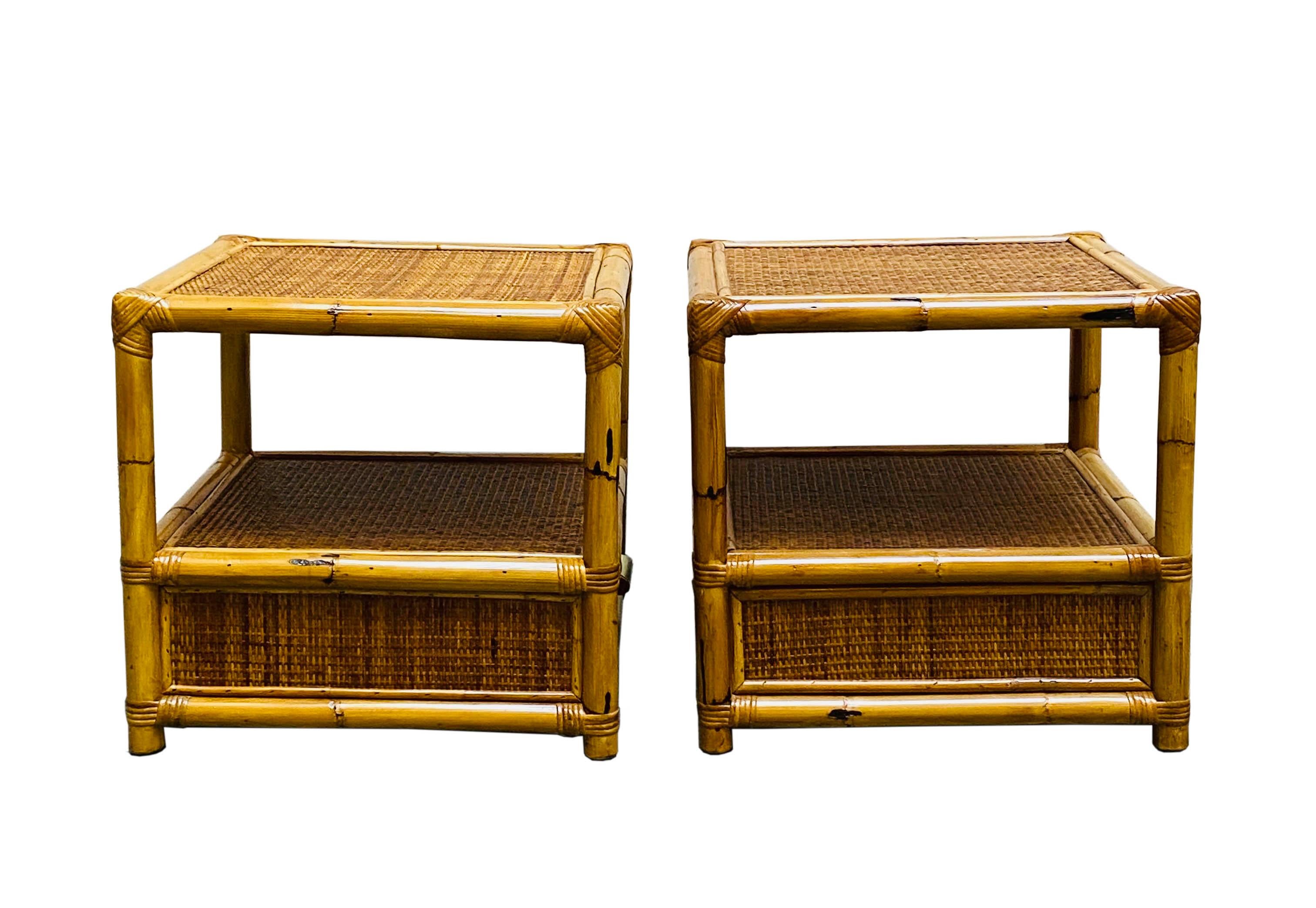 Mid-Century Modern Dal Vera Pair of Bamboo and Rattan Nightstand, Side Tables, Italy 1960s