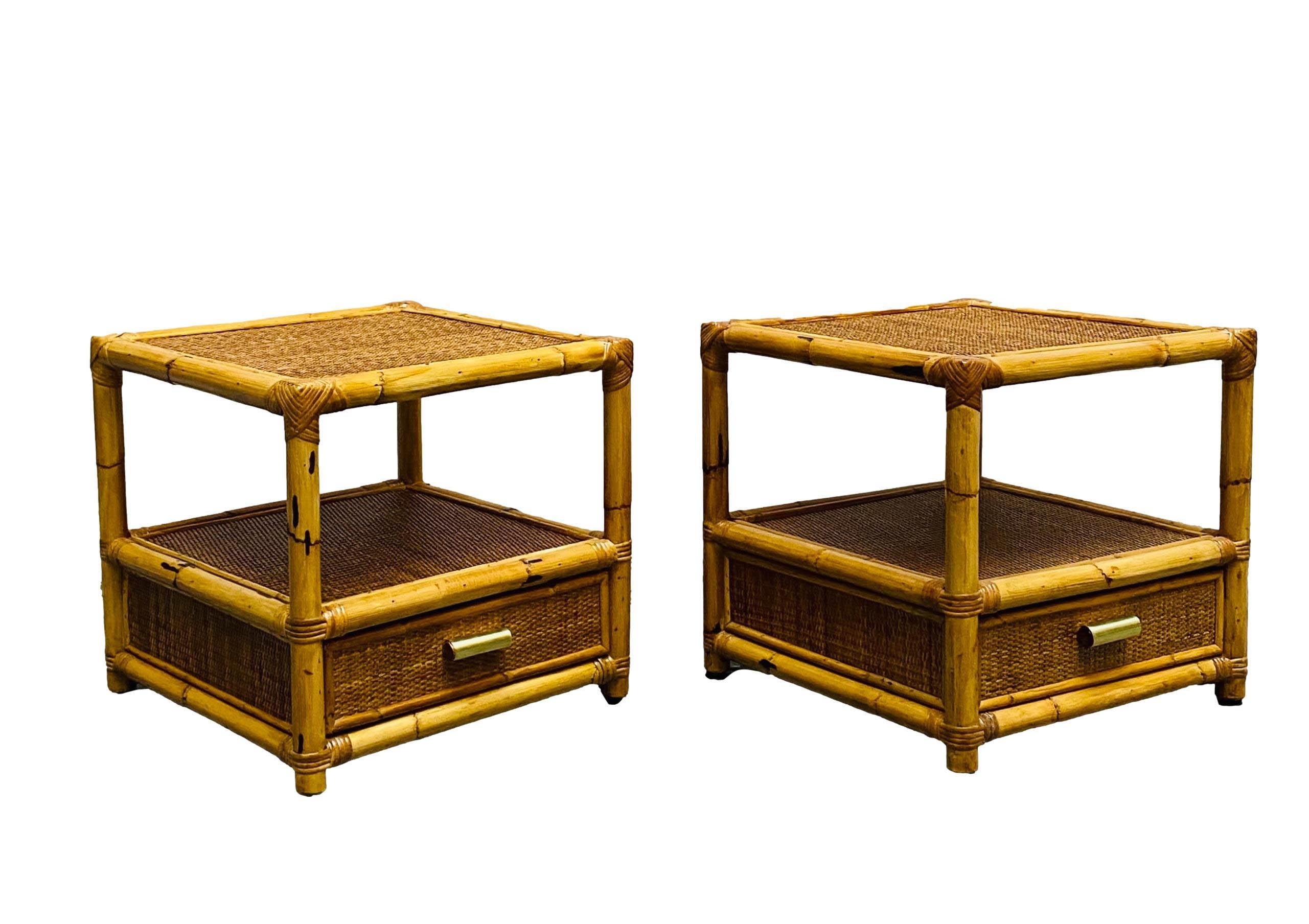 Italian Dal Vera Pair of Bamboo and Rattan Nightstand, Side Tables, Italy 1960s