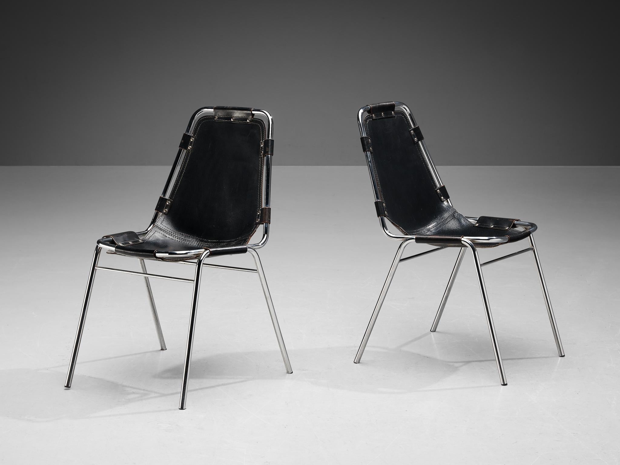 Metal Dal Vera Pair of 'Les Arcs' Chairs in Black Leather  For Sale