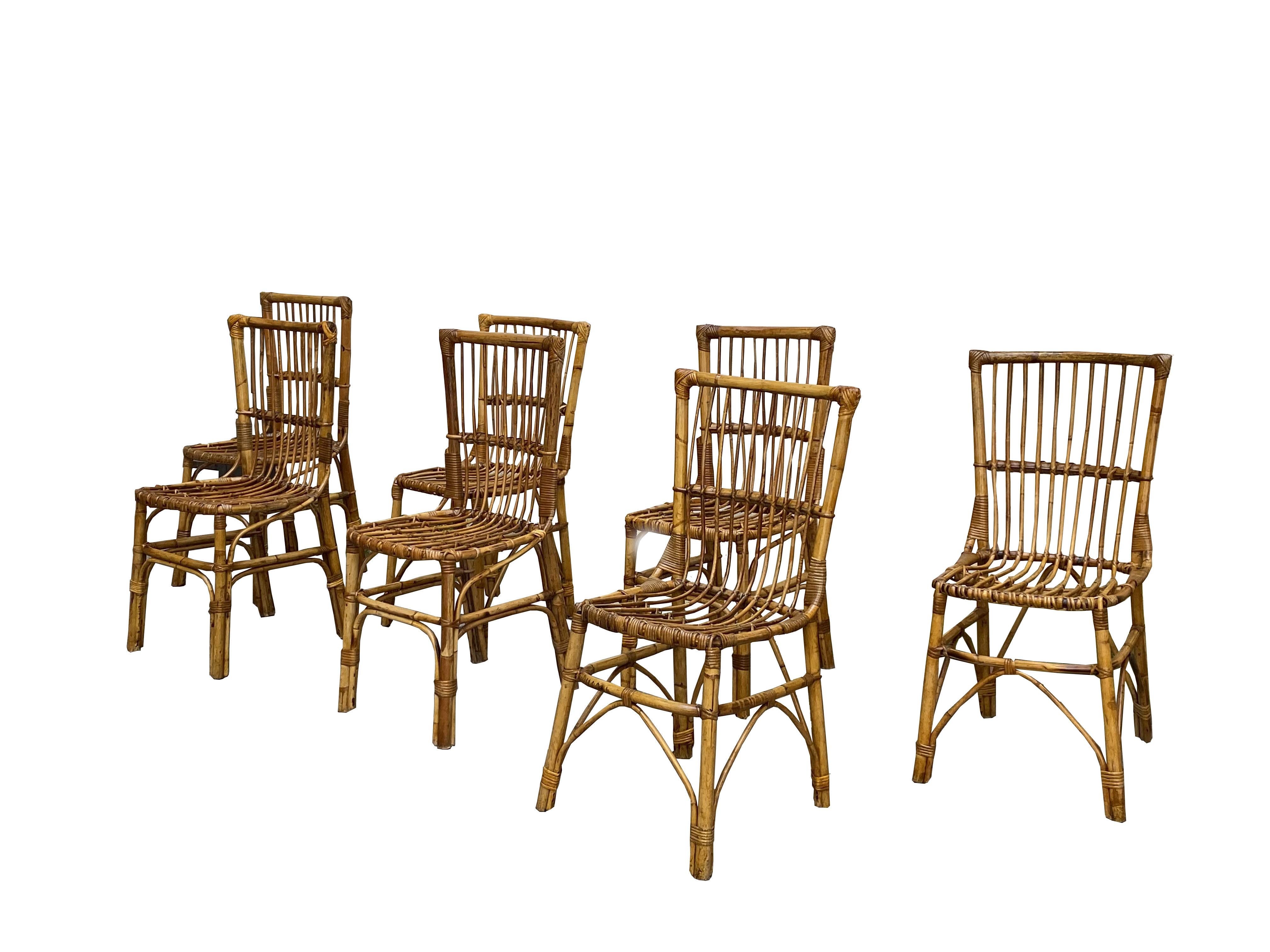 Group of 7 chairs made of rush and wicker, Production Dal Vera 1960.
 In the mood of Arpex International, Mario Lopez Torres, Galerie Maison & Jardin, Jansen, Dal Vera, Vivai Del Sud, Hollywood Regency.