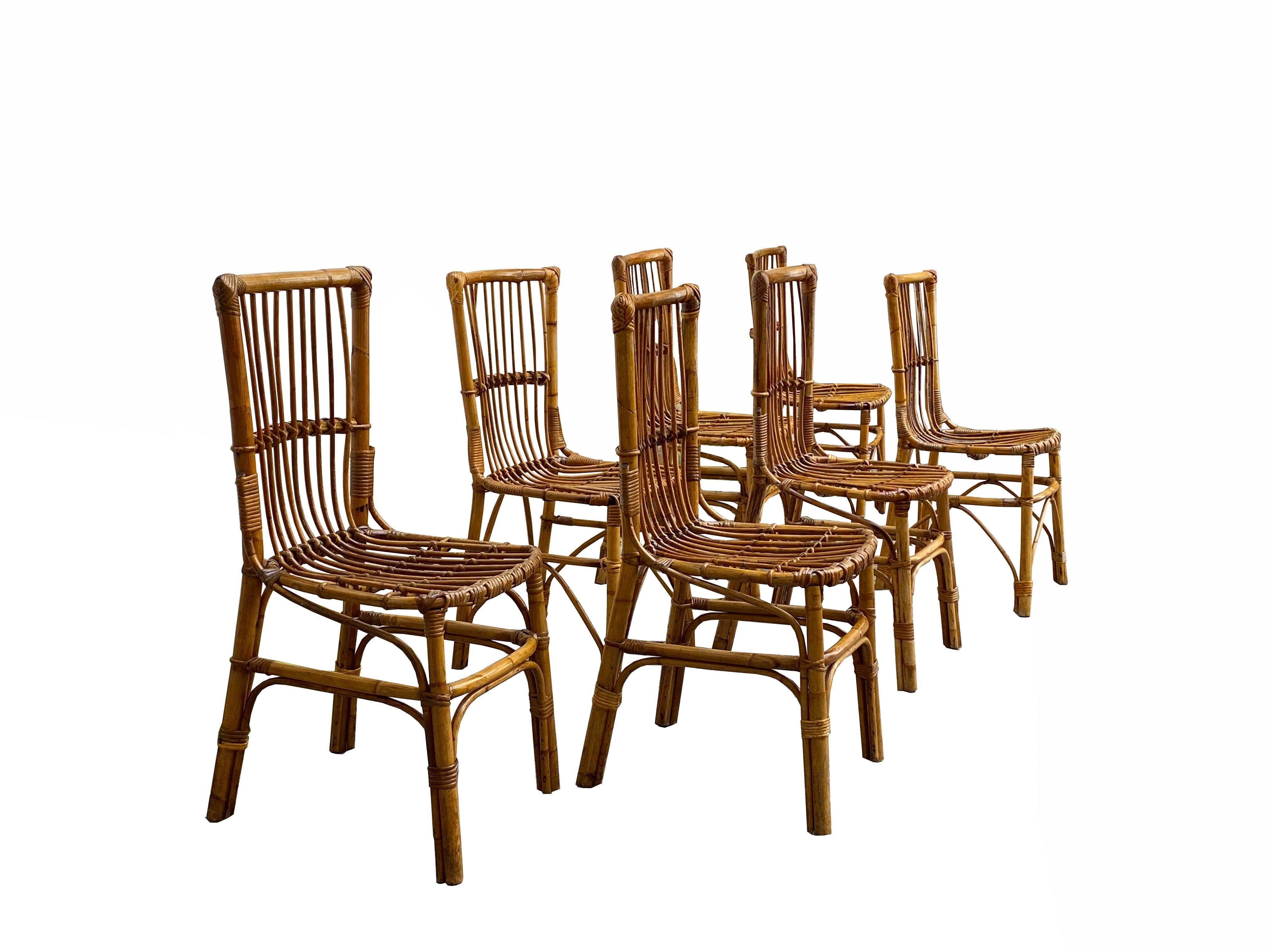 Mid-Century Modern Dal Vera Set of 7 Bamboo and Rattan Dining Chairs, Italy 1960s