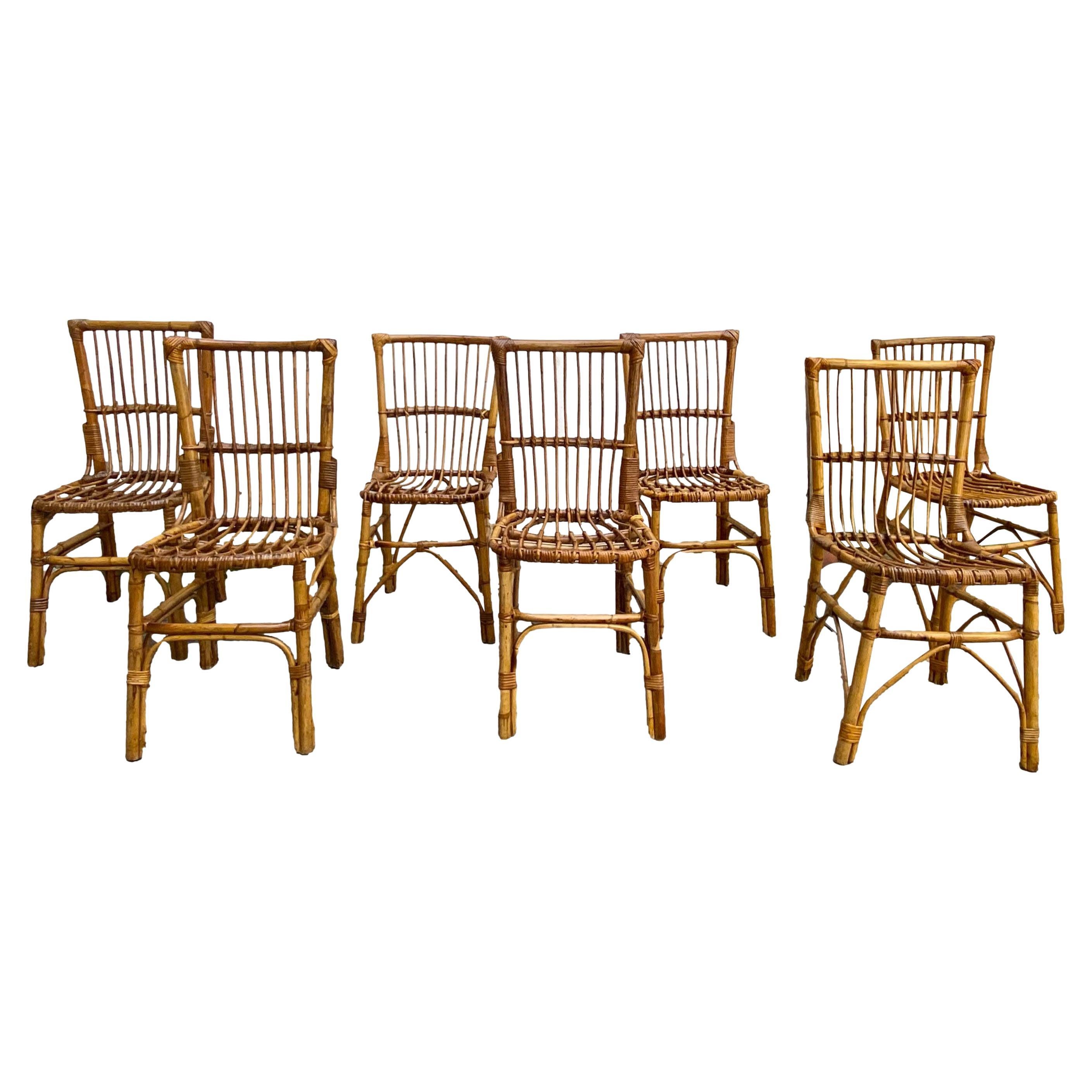 Dal Vera Set of 7 Bamboo and Rattan Dining Chairs, Italy 1960s