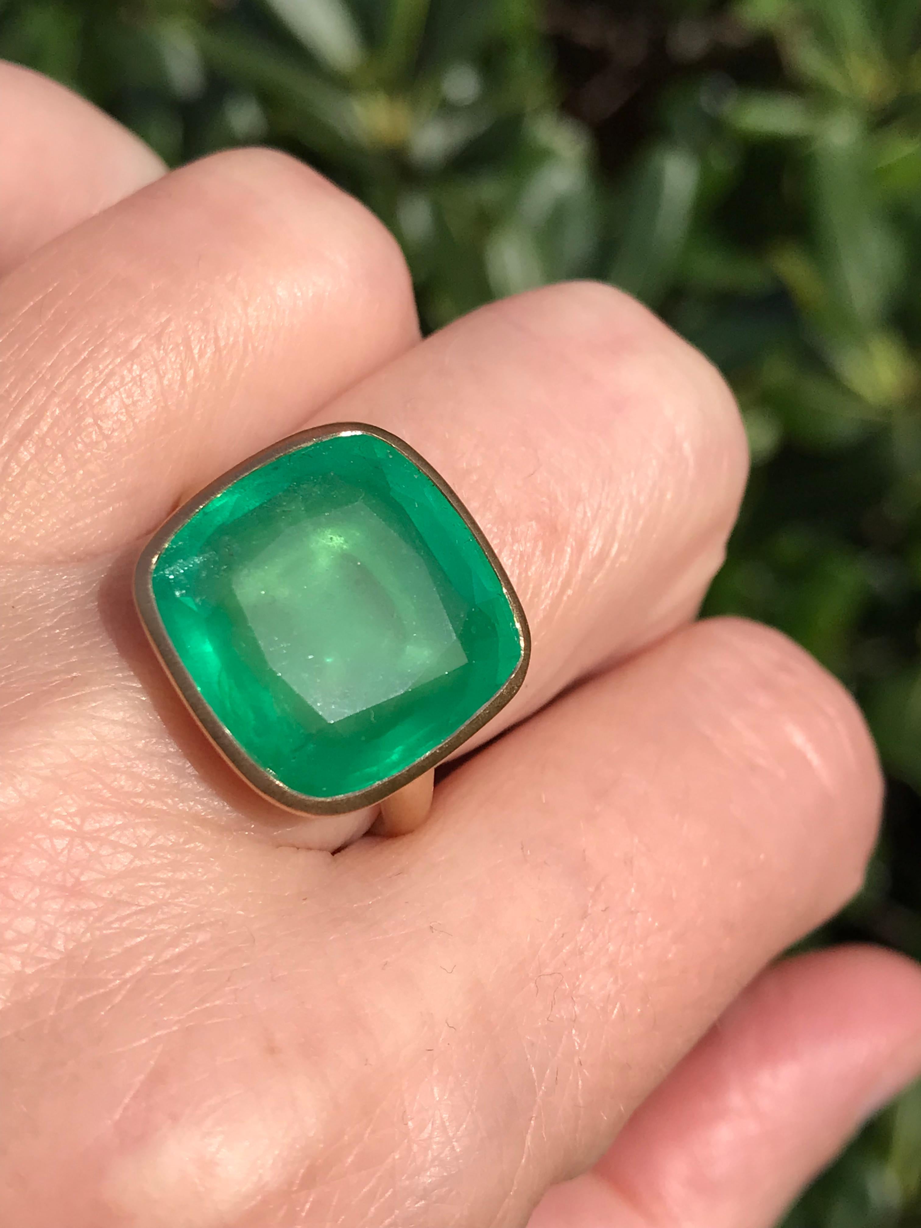 Dalben design One of a Kind 18k yellow gold satin finishing ring with a 12,04 carat cushion cut emerald. 
Ring size7+ USA , 55 EU  re-sizable to most finger sizes. 
Bezel stone dimensions :
width 16,8 mm
height 16,2 mm
The ring has been designed and