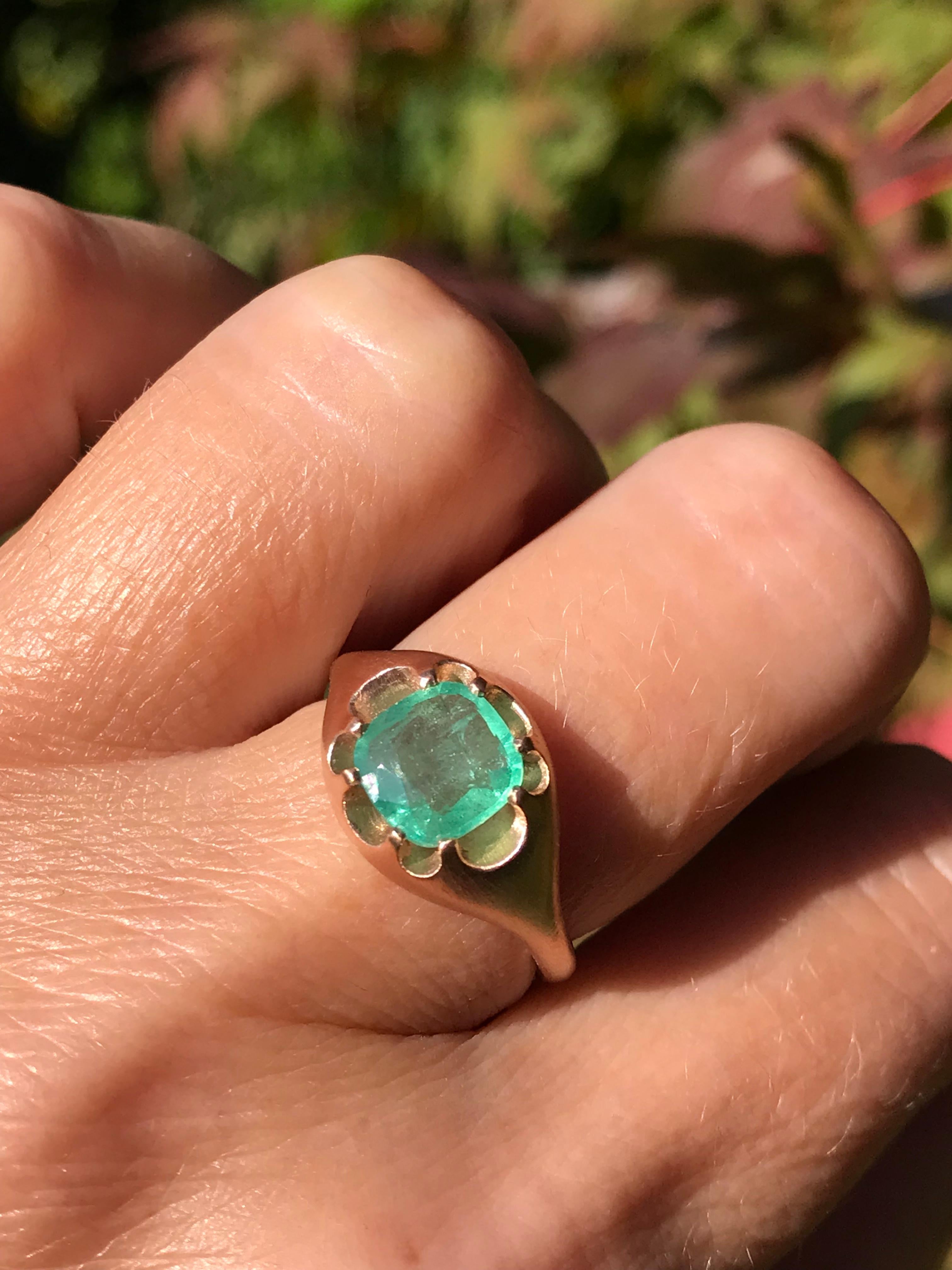Dalben design One of a kind 18 kt rose  gold ring with a cushion cut light green emerald weight 1,26 carats  .
Ring size  US 6 3/4   -  EU 54- re-sizable .  
Bezel setting dimension:  
max width 12,9 mm,  
max height 10,4 mm. 
The ring has been