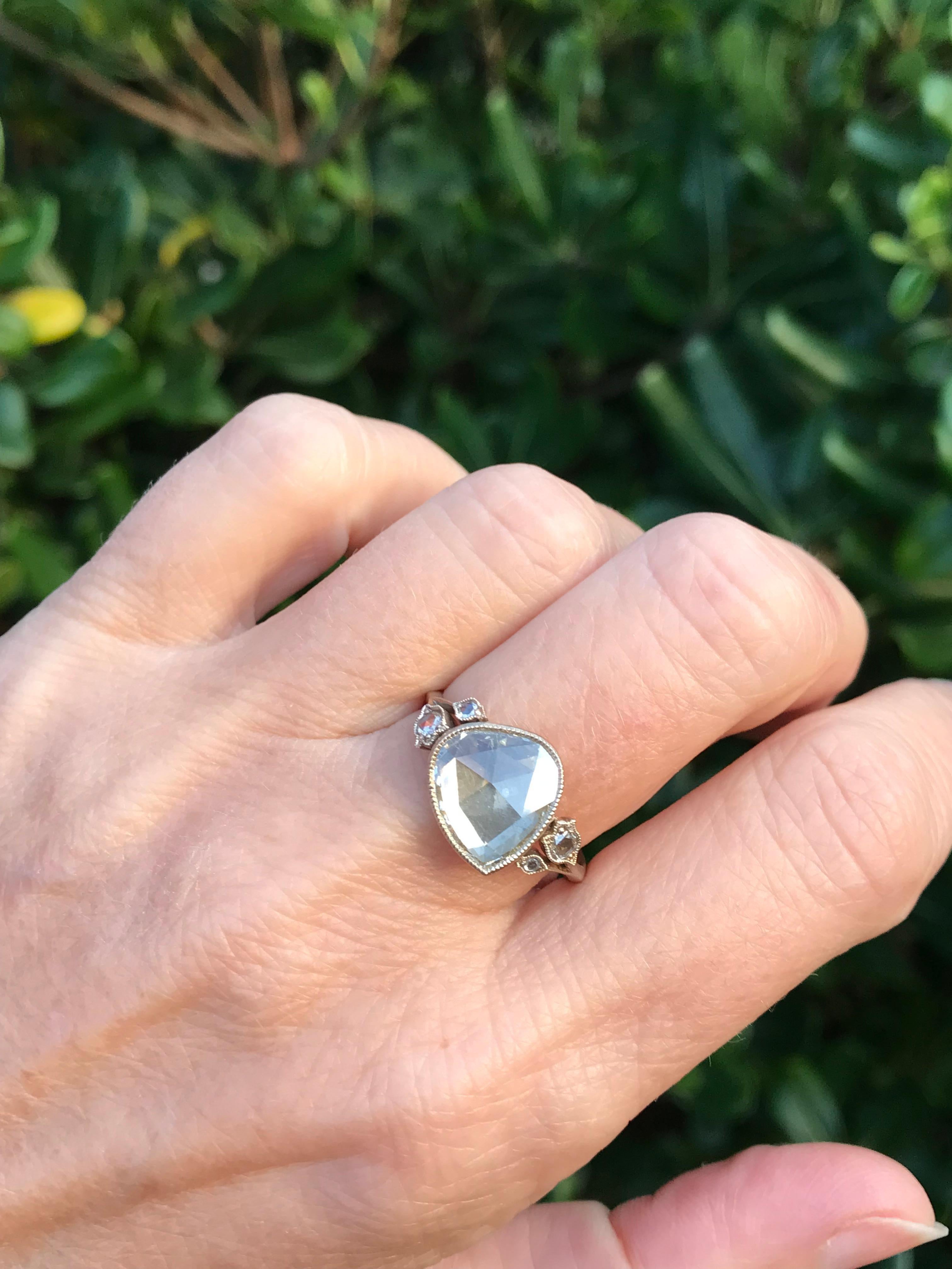 Pear Cut Dalben 1.84 Carat Pear Shape Rose Cut Diamond Gold Ring