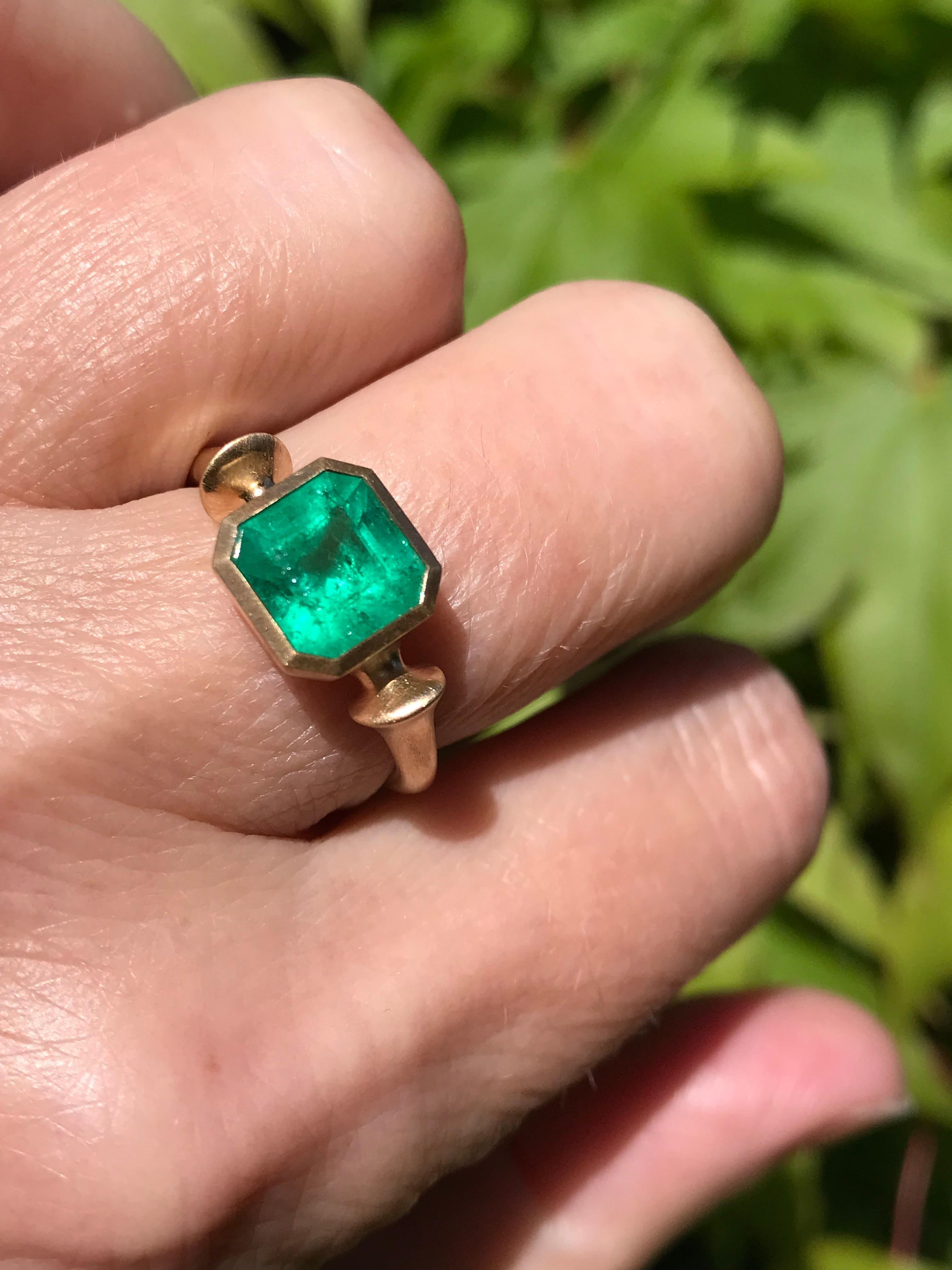 Dalben design One of a Kind 18k yellow gold satin finishing ring with a 1.92 carat emerald cut  emerald from Muzo mine in Colombia. 
Ring size6 3/4 USA , 54 EU  re-sizable to most finger sizes. 
Bezel stone dimensions :
width 8,9 mm
height 8,7