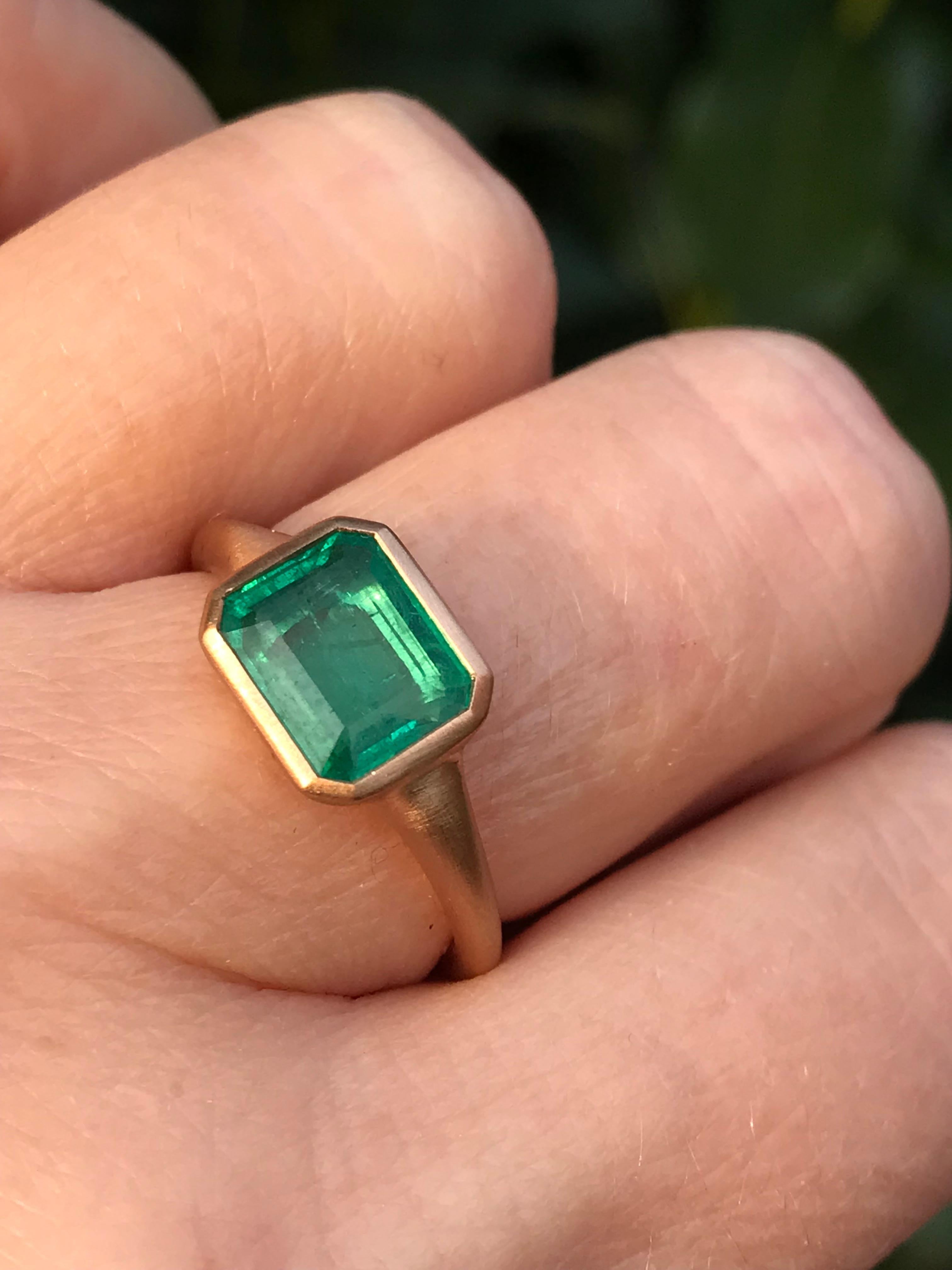 Dalben design One of a Kind 18k rose gold satin finishing ring with a 1,95 carat bezel-set emerald cut emerald. 
Ring size7 1/4 USA , 55 EU  re-sizable to most finger sizes. 
Bezel stone dimensions :
width 10,2 mm
height 8,4 mm
The ring has been